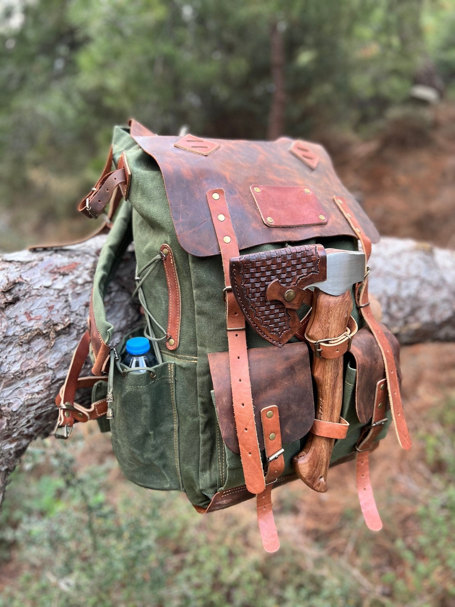 50L Black Brown Green Bushcraft Handmade Waxed Canvas Backpack D