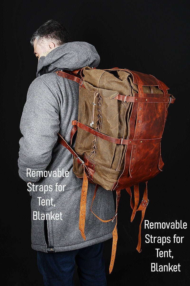 80 Liter Camping Backpack Bushcraft Backpack Leather Canvas Backp