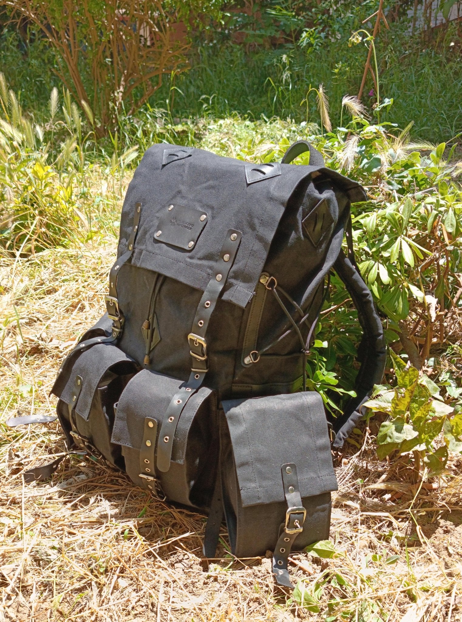 Black Waxed Canvas Backpack with Detachable pouches for hiking bushcraft camping