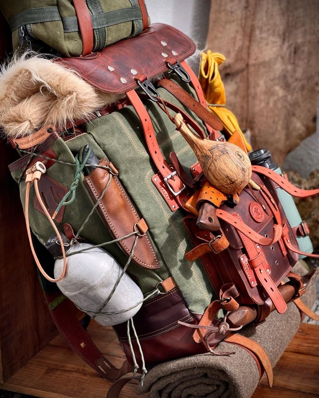 Leather and Waxed Canvas Bushcraft Backpack, Camping Bag