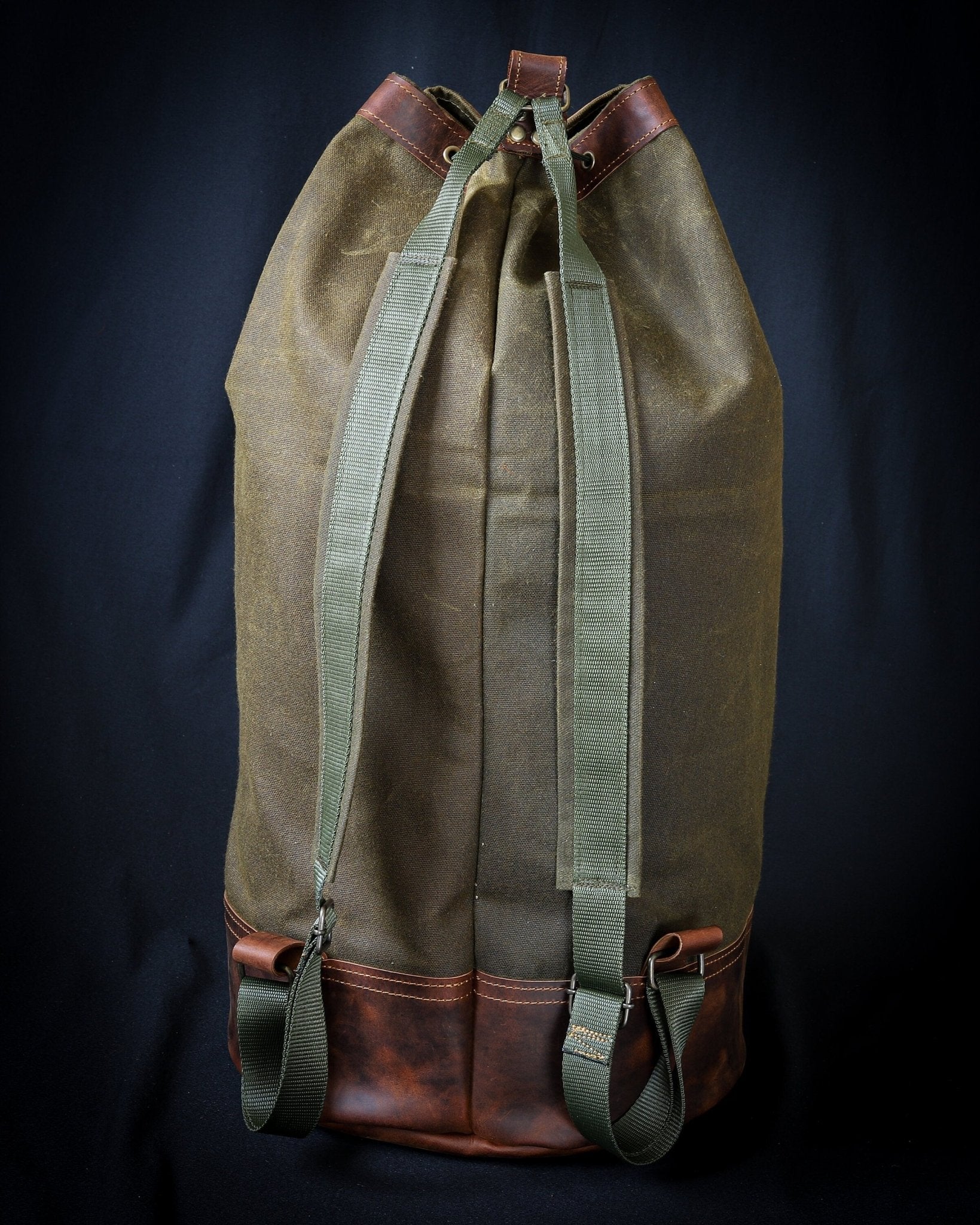 Handmade Genuine Green Leather and Waxed Canvas duffle Backpack for Tr