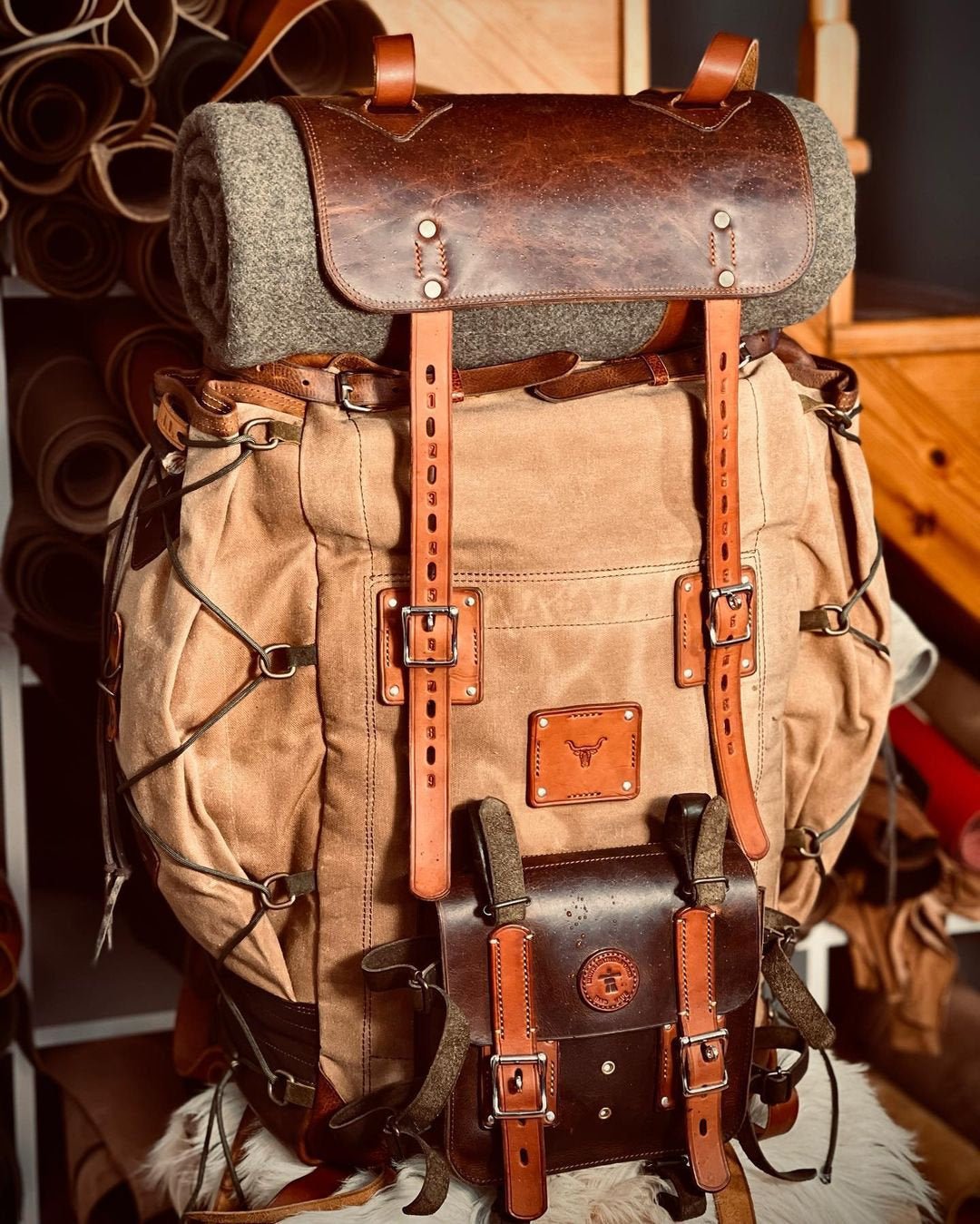 Premium Handmade Camping Backpack. Leather - Canvas Backpack