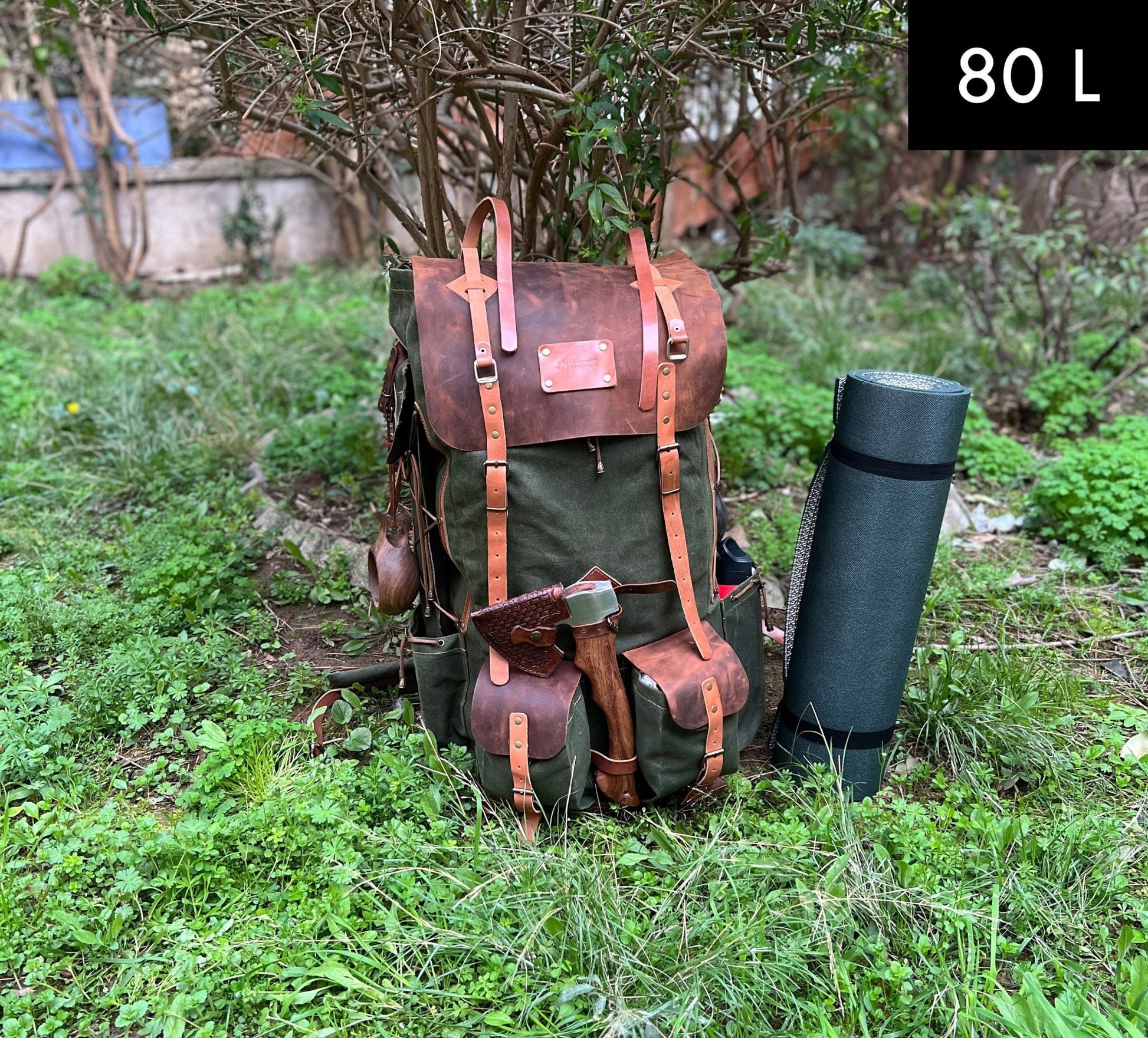 30 Liter to 80 Liter Bushcraft Backpack  Camping Backpack Hiking backpack Canvas Leather Backpack with Black-Brown-Green options,  99percenthandmade   