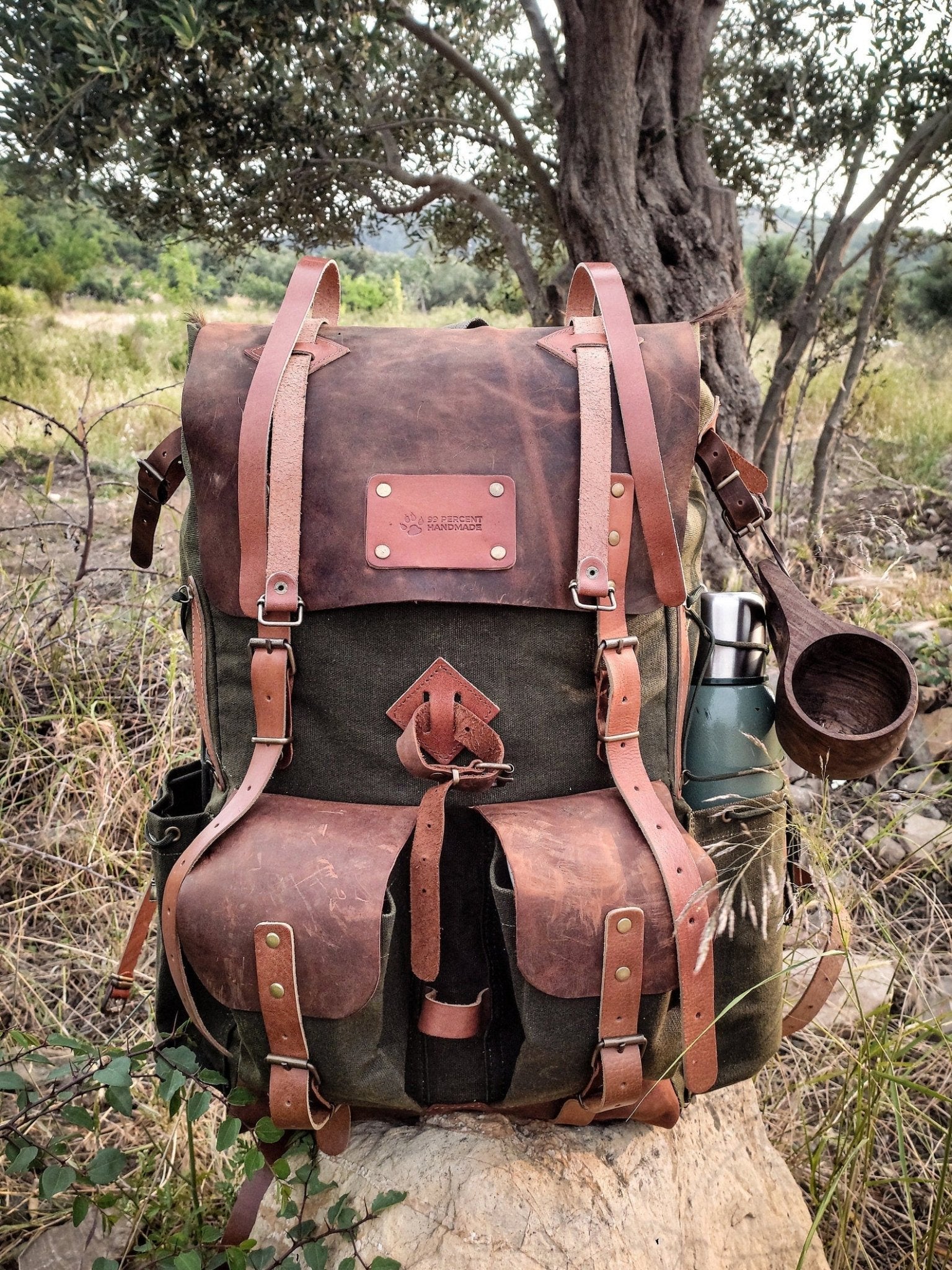 30 Liter to 80 Liter Bushcraft Backpack  Camping Backpack Hiking backpack Canvas Leather Backpack with Black-Brown-Green options,  99percenthandmade 30 Green 