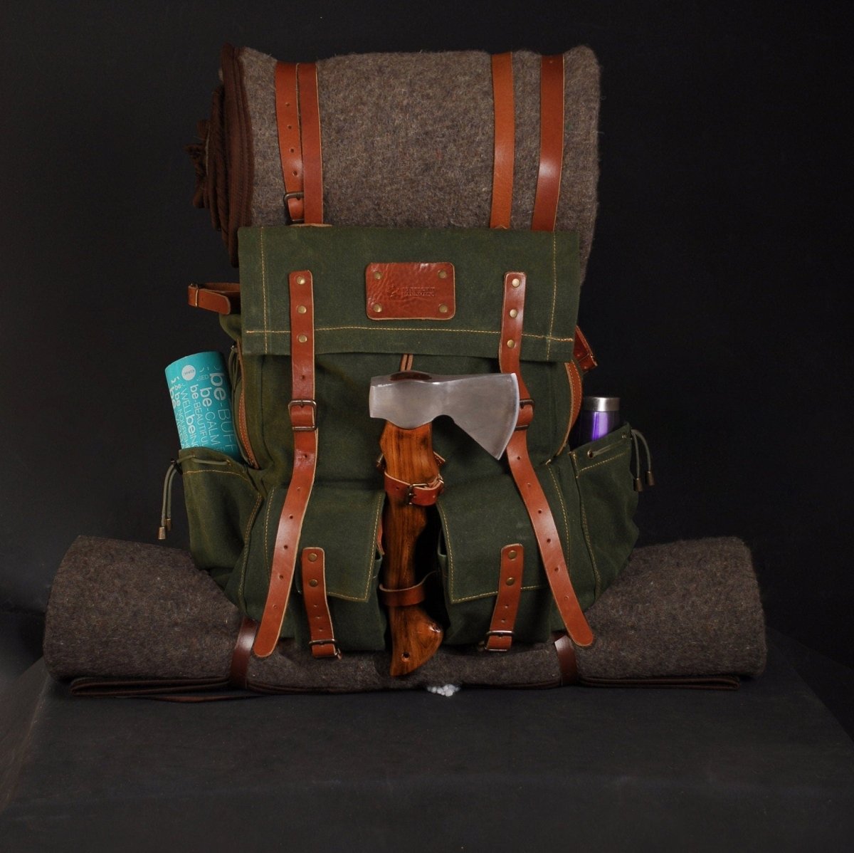 For Thomas | Bushcraft Backpack | Brown, Green, Dhaki Colours | Handmade Leather, Waxed Canvas Backpack for Travel-Camping | Personalization (Copy) (Copy) bushcraft - camping - hiking backpack 99percenthandmade   