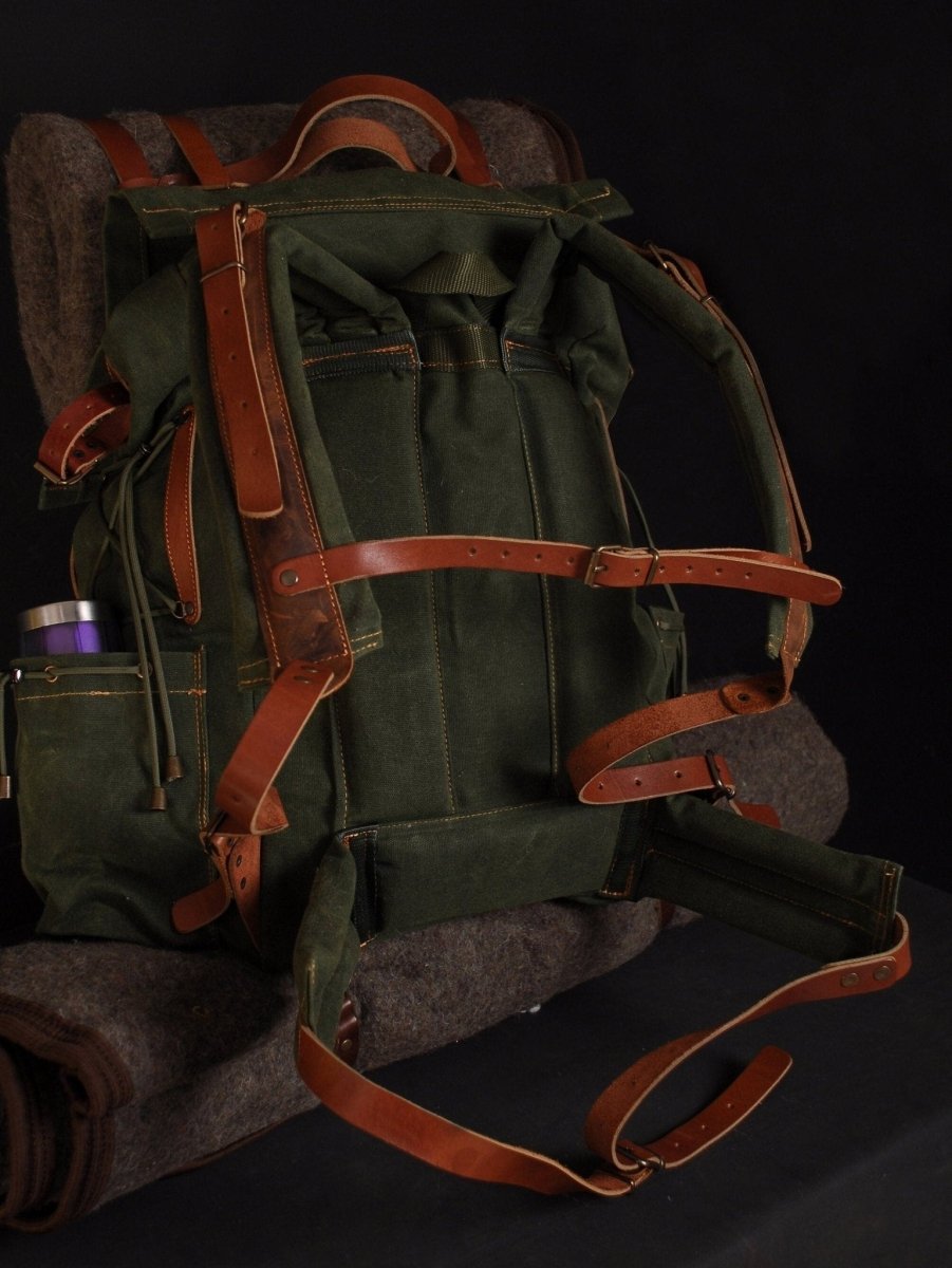 For Thomas | Bushcraft Backpack | Brown, Green, Dhaki Colours | Handmade Leather, Waxed Canvas Backpack for Travel-Camping | Personalization (Copy) (Copy) bushcraft - camping - hiking backpack 99percenthandmade   