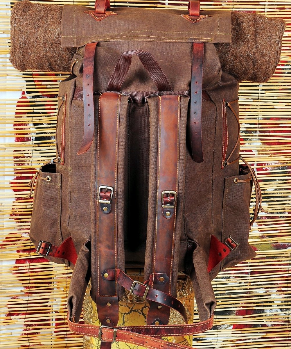 For Thomas | Bushcraft Backpack | Brown, Green, Dhaki Colours | Handmade Leather, Waxed Canvas Backpack for Travel-Camping | Personalization (Copy) (Copy) bushcraft - camping - hiking backpack 99percenthandmade   