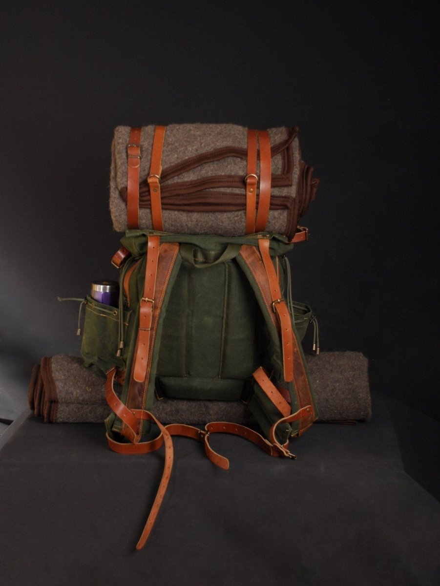 For Thomas | Bushcraft Backpack | Brown, Green, Dhaki Colours | Handmade Leather, Waxed Canvas Backpack for Travel-Camping | Personalization (Copy) (Copy) bushcraft - camping - hiking backpack 99percenthandmade   