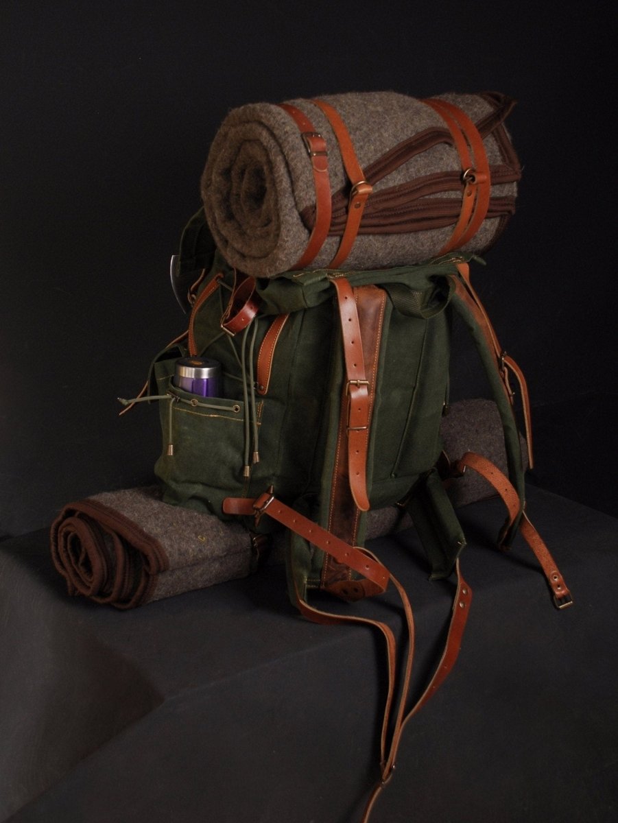 For Thomas | Bushcraft Backpack | Brown, Green, Dhaki Colours | Handmade Leather, Waxed Canvas Backpack for Travel-Camping | Personalization (Copy) (Copy) bushcraft - camping - hiking backpack 99percenthandmade   