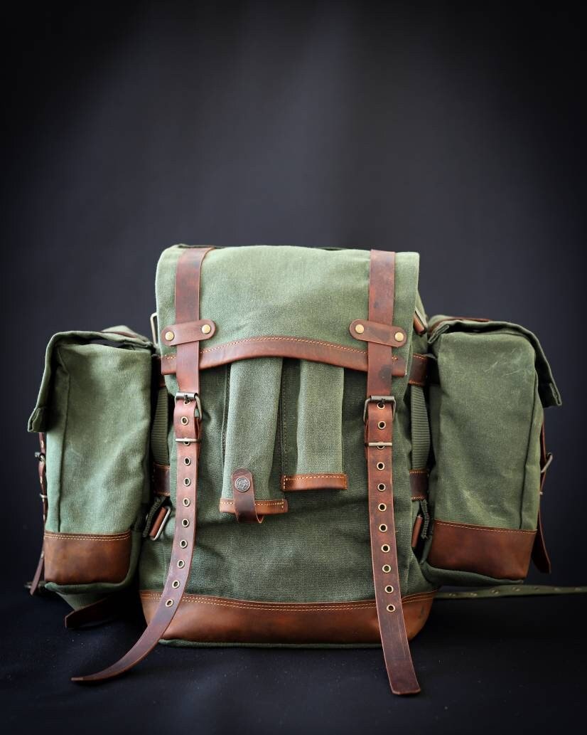 30L to 50L | Handmade  Waxed Canvas Backpack with leather for Travel, Camping | 50 Liter | Personalization  99percenthandmade   