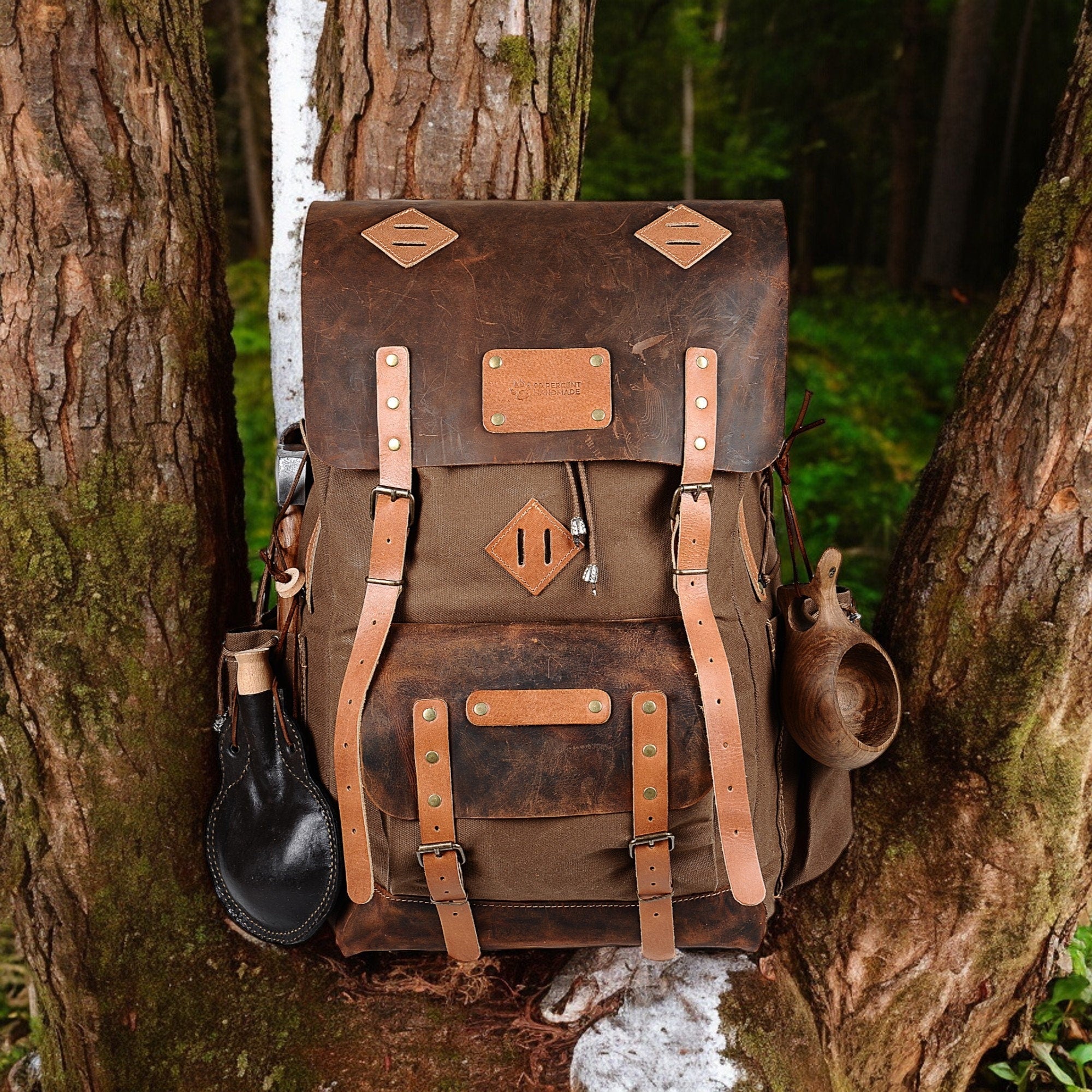 30L to 80L Camping Backpack Leather and Waxed Canvas Backpack Hiking Backpack Extra large Bushcraft