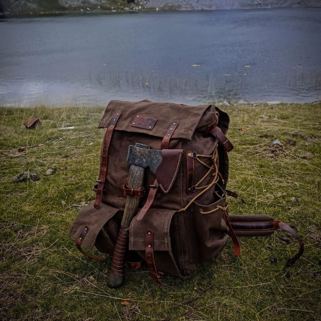 50L | 3 Pieces Left | Green, Brown, Dhaki Colours | Handmade Leather, Waxed Canvas Backpack for Travel, Camping, Bushcraft | Personalization  99percenthandmade   