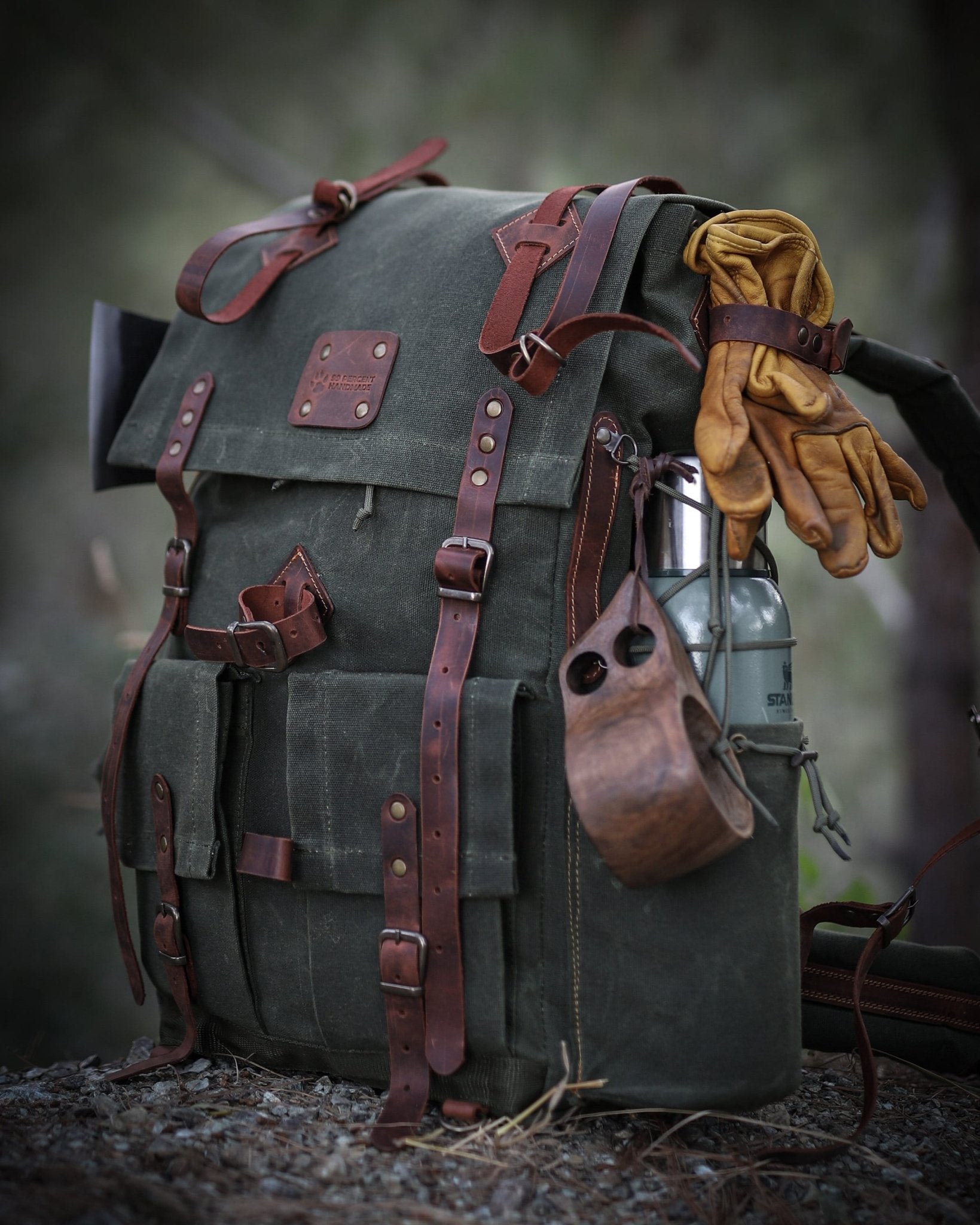 80 L | Bushcraft Backpack | Camping Backack | Green, Brown, Dhaki Colours | Handmade Leather, Canvas Backpack for Travel, Camping, Bushcraft  99percenthandmade   