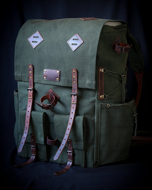 Black-Brown-Green-White | Hiking Backpack | Leather - Canvas | Hiking Backpacks bushcraft - camping - hiking backpack 99percenthandmade   
