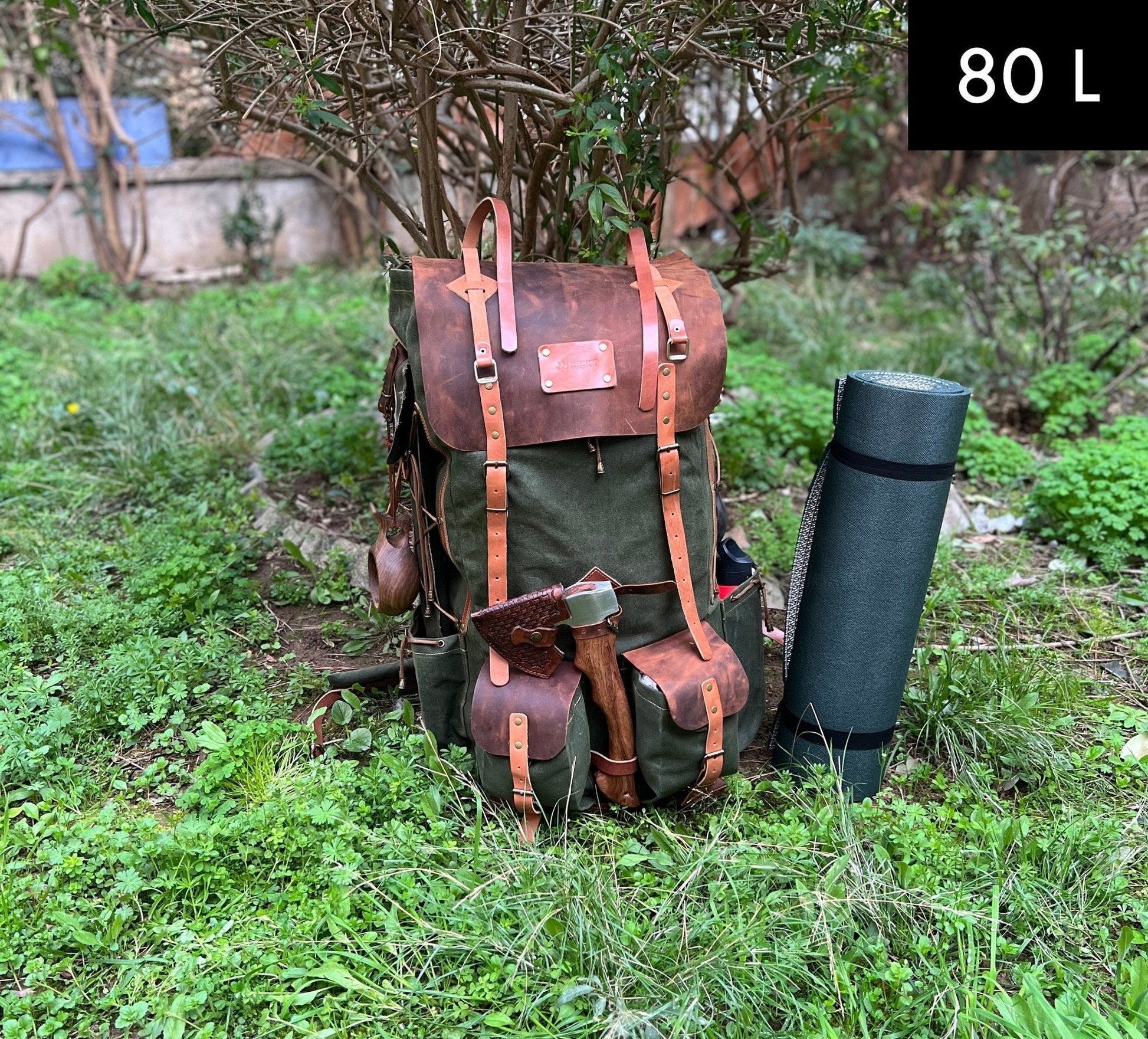 For Andre, 30 Liter to 80 Liter Bushcraft Backpack  Camping Backpack Hiking backpack Canvas Leather Backpack with Black-Brown-Green options  99percenthandmade   