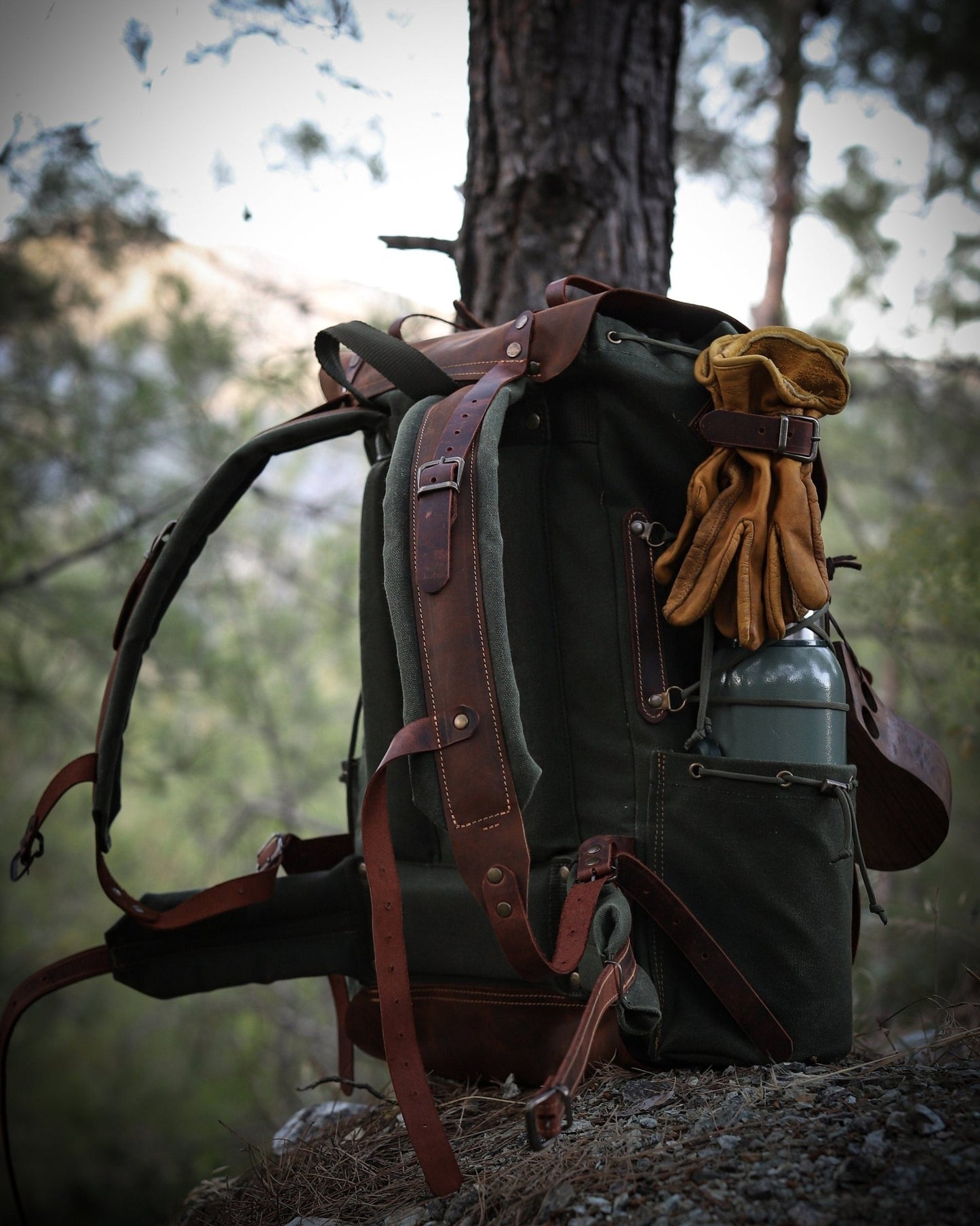 Handmade Camping Waxed Canvas Backpack with Black-Brown-Green and 30 to 80 Liter Options, Front Pocket with Zipper,  Bushcraft, Camping,  99percenthandmade 30 Green 