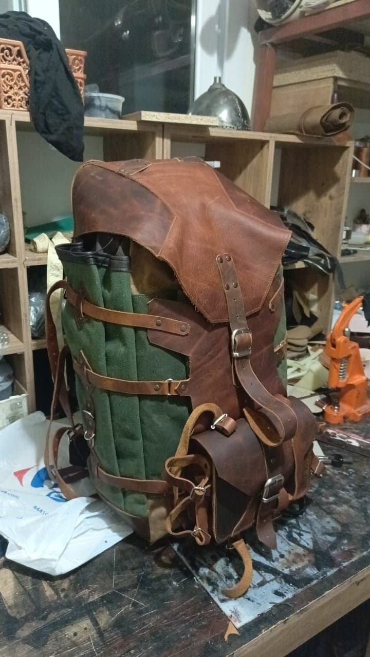 Handmade Custom Leather and Waxed Backpack for Travel, Camping | inside 45 Liter | Personalization  99percenthandmade   