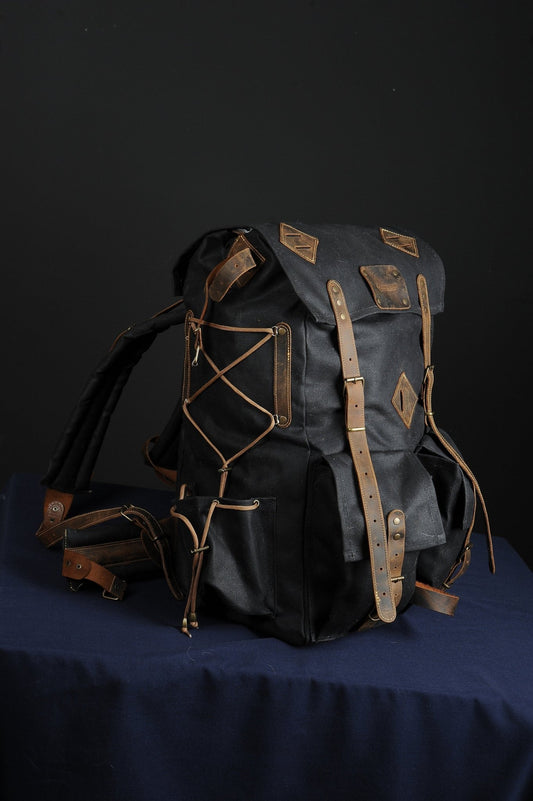 Hiking Backpack | Camping Backpack | Black-Brown-Black-White  | Waxed Canvas with Leather Details  | 50 L | Personalization  99percenthandmade   