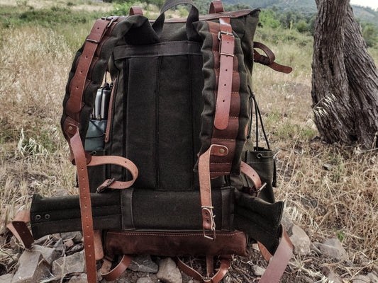 Hiking Backpack | Canvas - Leather | Hiking Backpacks | Green-Brown-Black-White-White-Blue | 30L-40L-50L-60L-70L-80L|  99percenthandmade   