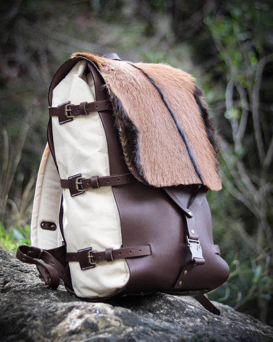 Hiking Backpack | Leather Hiking Backpacks | Leather and Waxed Canvas Backpack With Goat Fur Flap | 30,40,50 Litres option bushcraft - camping - hiking backpack 99percenthandmade   