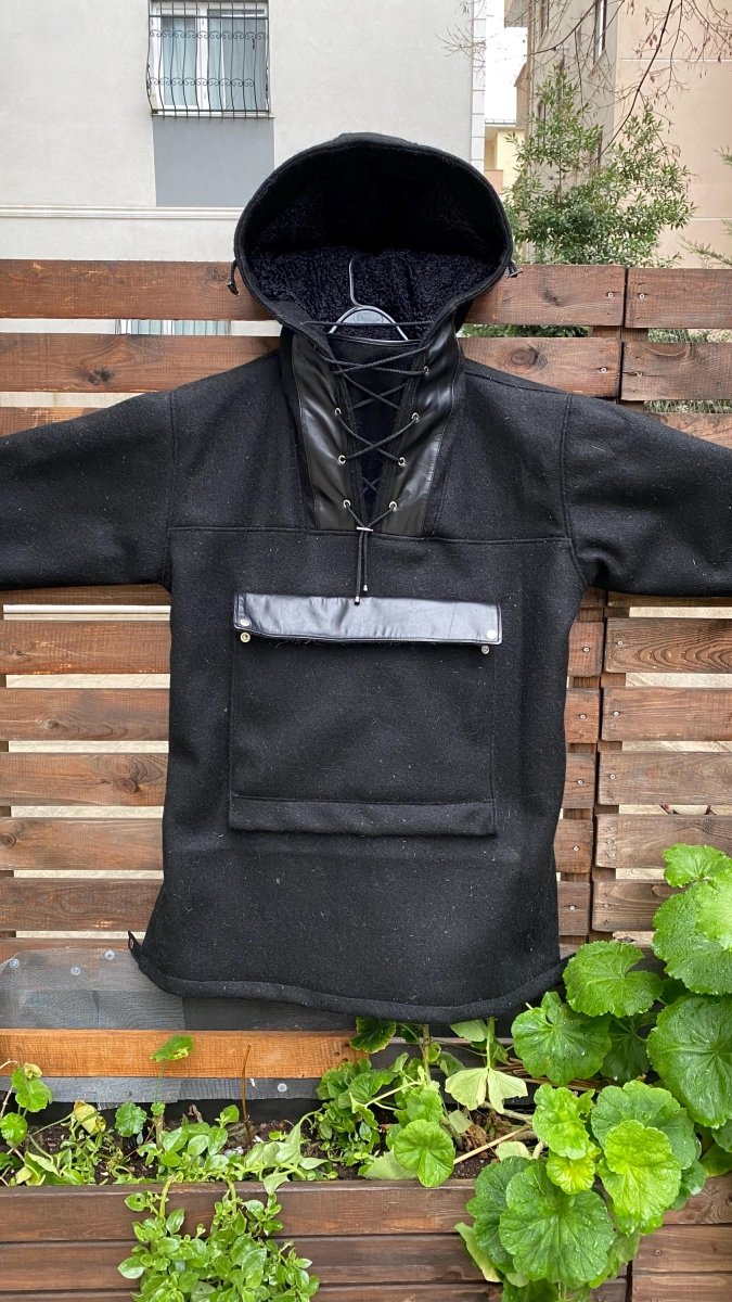 Black Anorak | Wool-Leather | You will be ready for adventure, Best Protection For Cold, Full Handmade 99percenthandmade