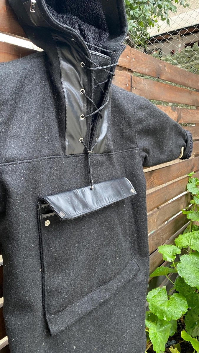 Black Anorak | Wool-Leather | You will be ready for adventure, Best Protection For Cold, Full Handmade 99percenthandmade