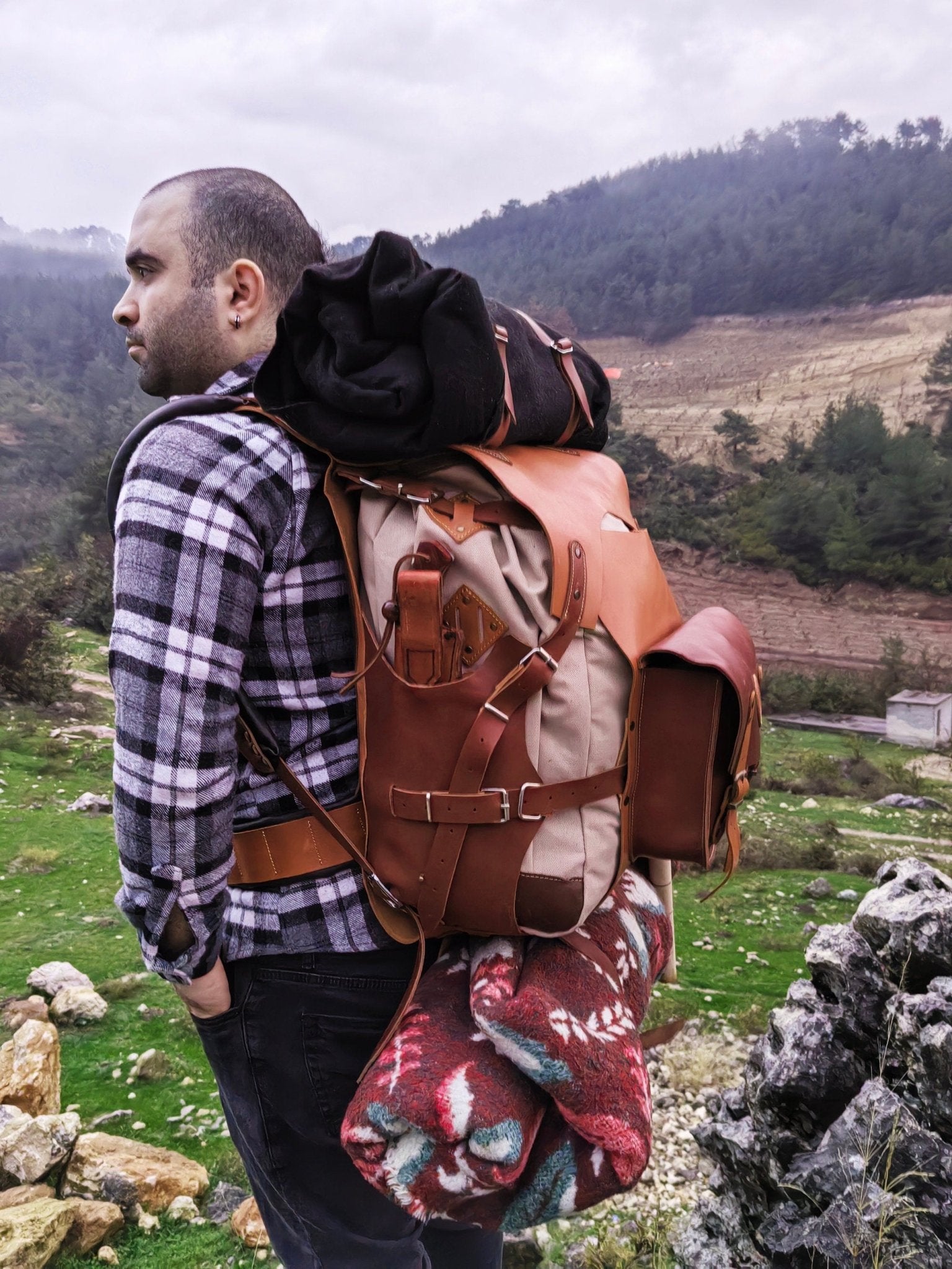 Handmade Leather Waxed Canvas Backpack for Camping Hiking