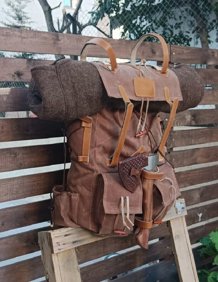New Model | Velcro Connectors | Handmade Primitive Camping Bushcraft Backpack | No Metals | 80L to 30L Options | Leather | Canvas Backpack  99percenthandmade   