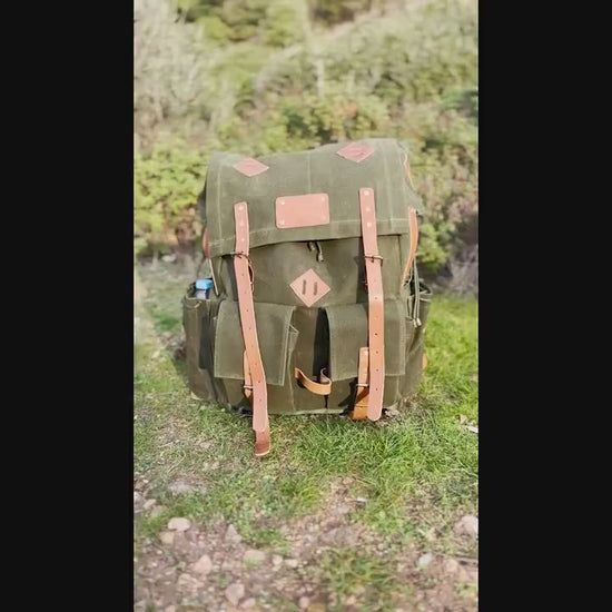 80 L | Bushcraft Backpack | Camping Backack | Green, Brown, Dhaki Colours | Handmade Leather, Canvas Backpack for Travel, Camping, Bushcraft