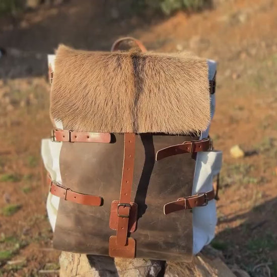 Goat Fur , Canvas and Leather Bag | Bushcraft | Camping | Outdoor | Hiking | Handmade Backpack l  | 30,40,50 Litres option