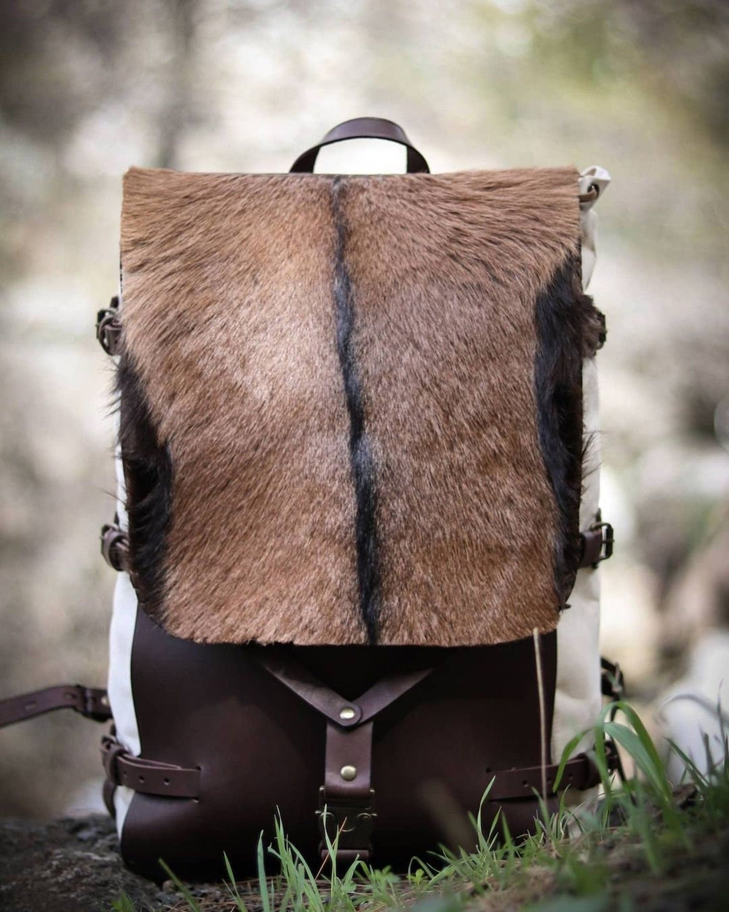 Waxed Canvas - Leather Backpack with Goat Fur Details for Outdoor,Bushcraft, Camping, Hiking bushcraft - camping - hiking backpack 99percenthandmade   