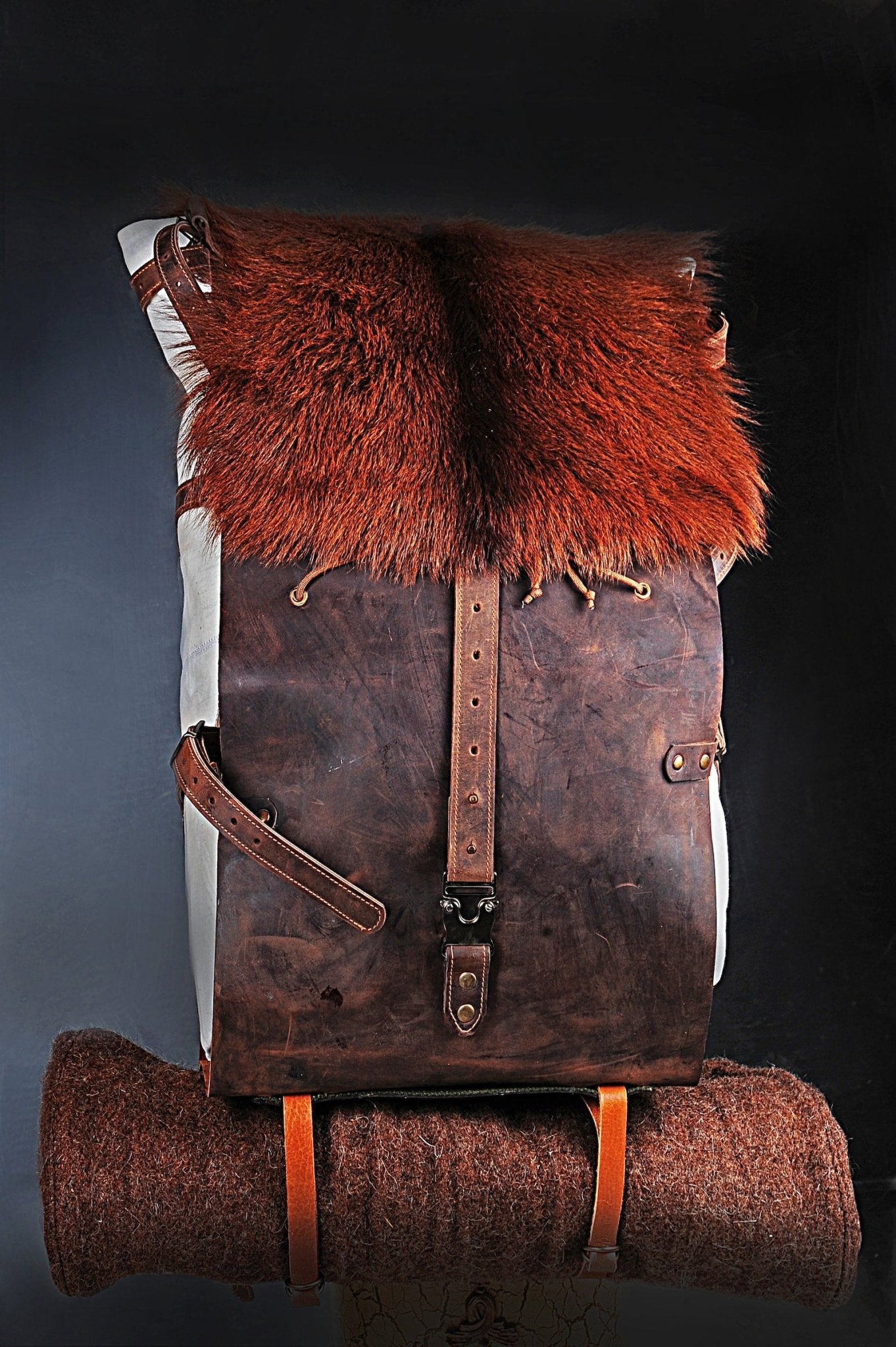 Waxed Canvas - Leather Backpack with Goat Fur Details for Outdoor,Bushcraft, Camping, Hiking bushcraft - camping - hiking backpack 99percenthandmade   