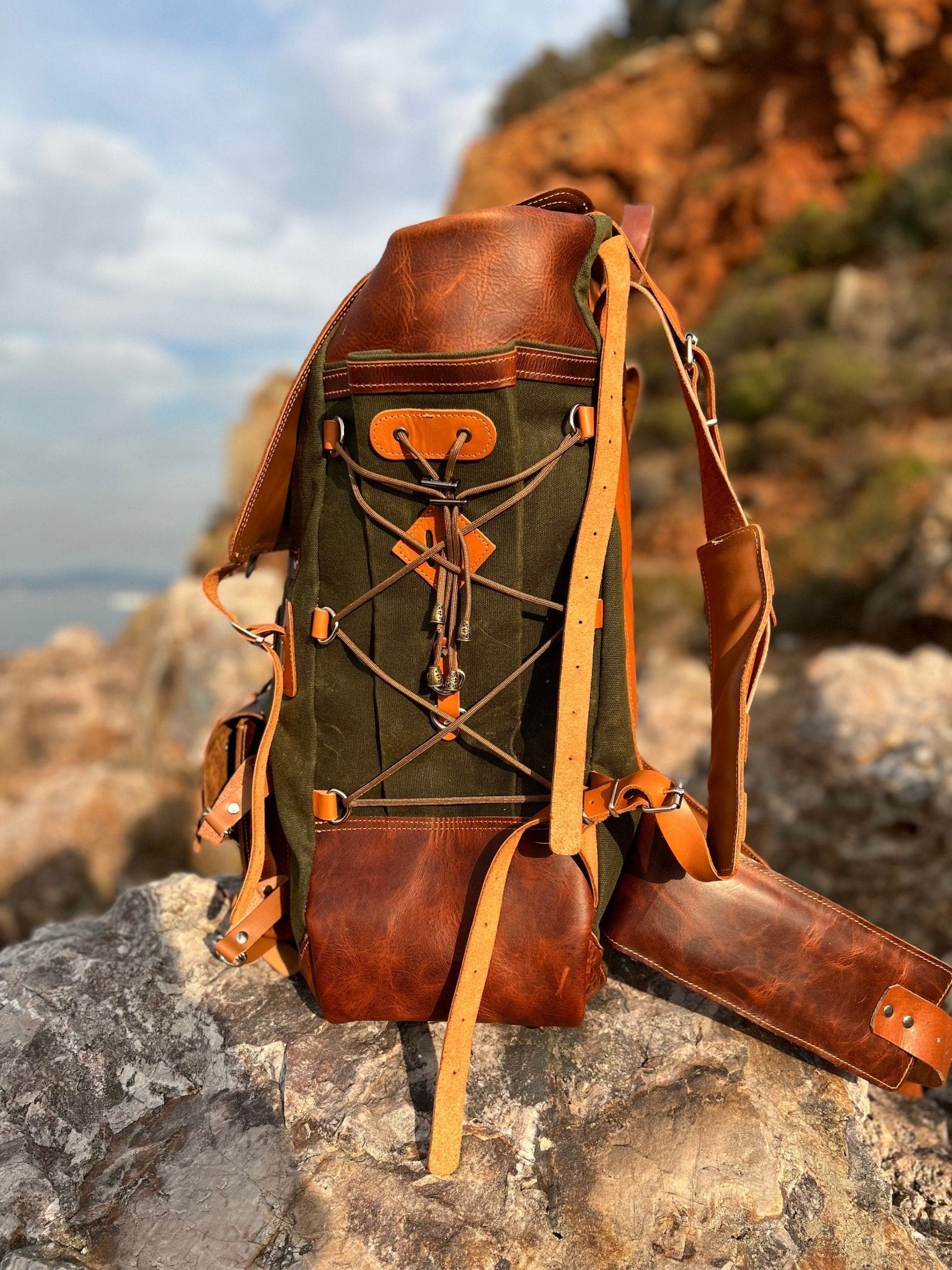 200USD Discount | Bushcraft Design Award | Handmade Leather and Canvas Backpack for Travel, Camping,Military | 45 Liter | Personalization  99percenthandmade   