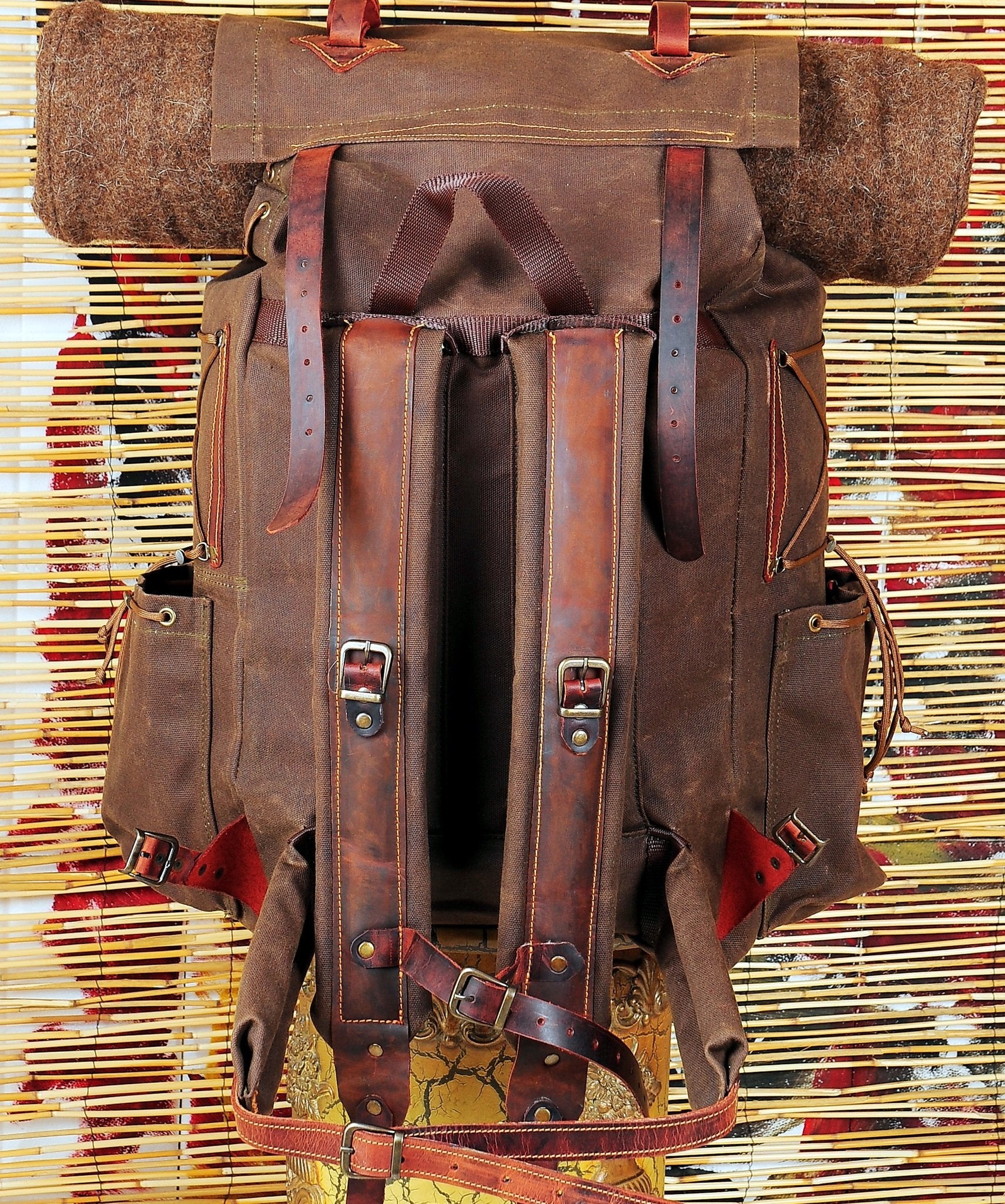 30L to 50L | Bushcraft Backpack | Brown, Green, Dhaki Colours | Handmade  Leather, Waxed Canvas Backpack for Travel-Camping | Personalization