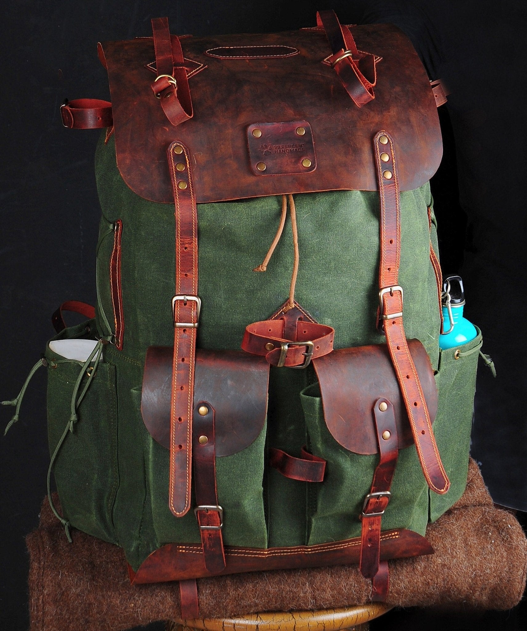 50L | 6 Pieces Left | Green, Brown, Dhaki Colours | Handmade Leather, Waxed Canvas Backpack for Travel, Camping, Bushcraft | Personalization bushcraft - camping - hiking backpack 99percenthandmade 30 Liters Green C. - Brown L. 