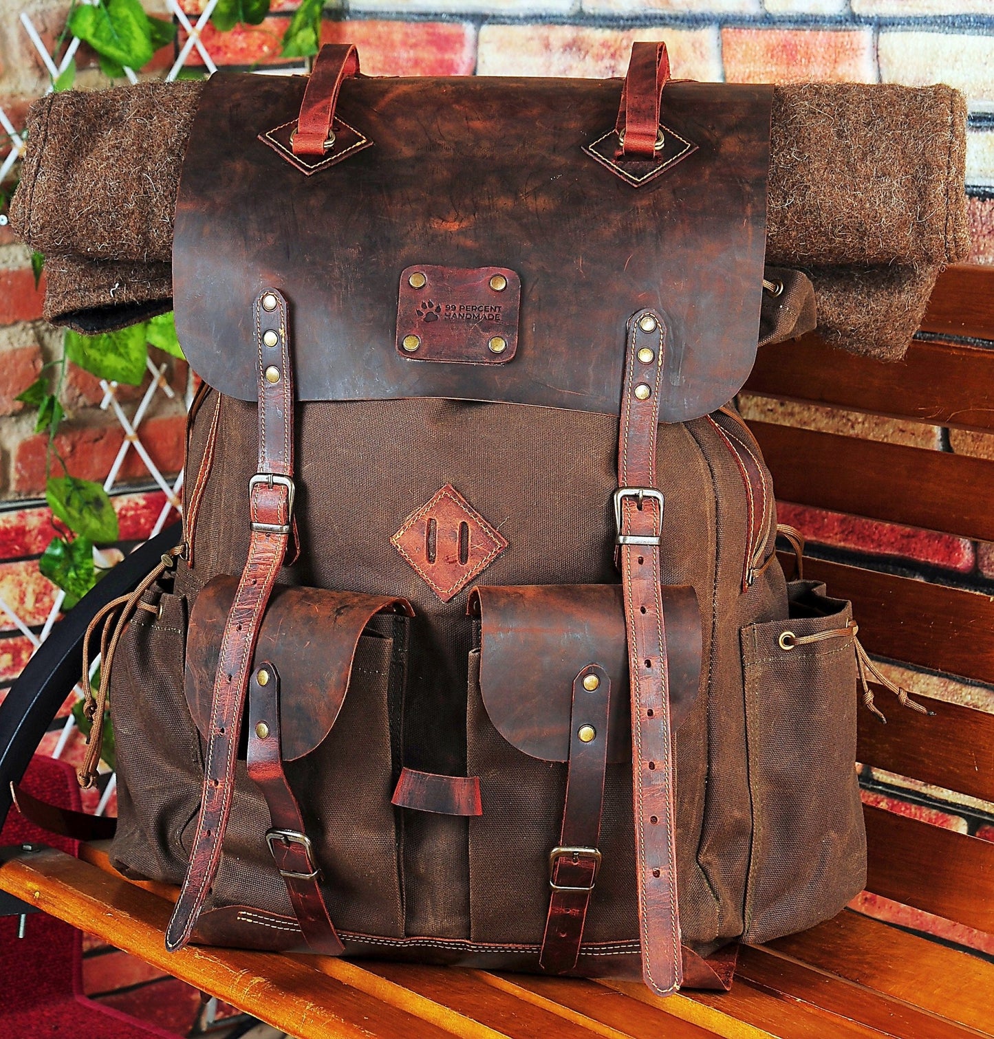 50L | 6 Pieces Left | Green, Brown, Dhaki Colours | Handmade Leather, Waxed Canvas Backpack for Travel, Camping, Bushcraft | Personalization bushcraft - camping - hiking backpack 99percenthandmade 30 Liters Brown C. - Brown L. 