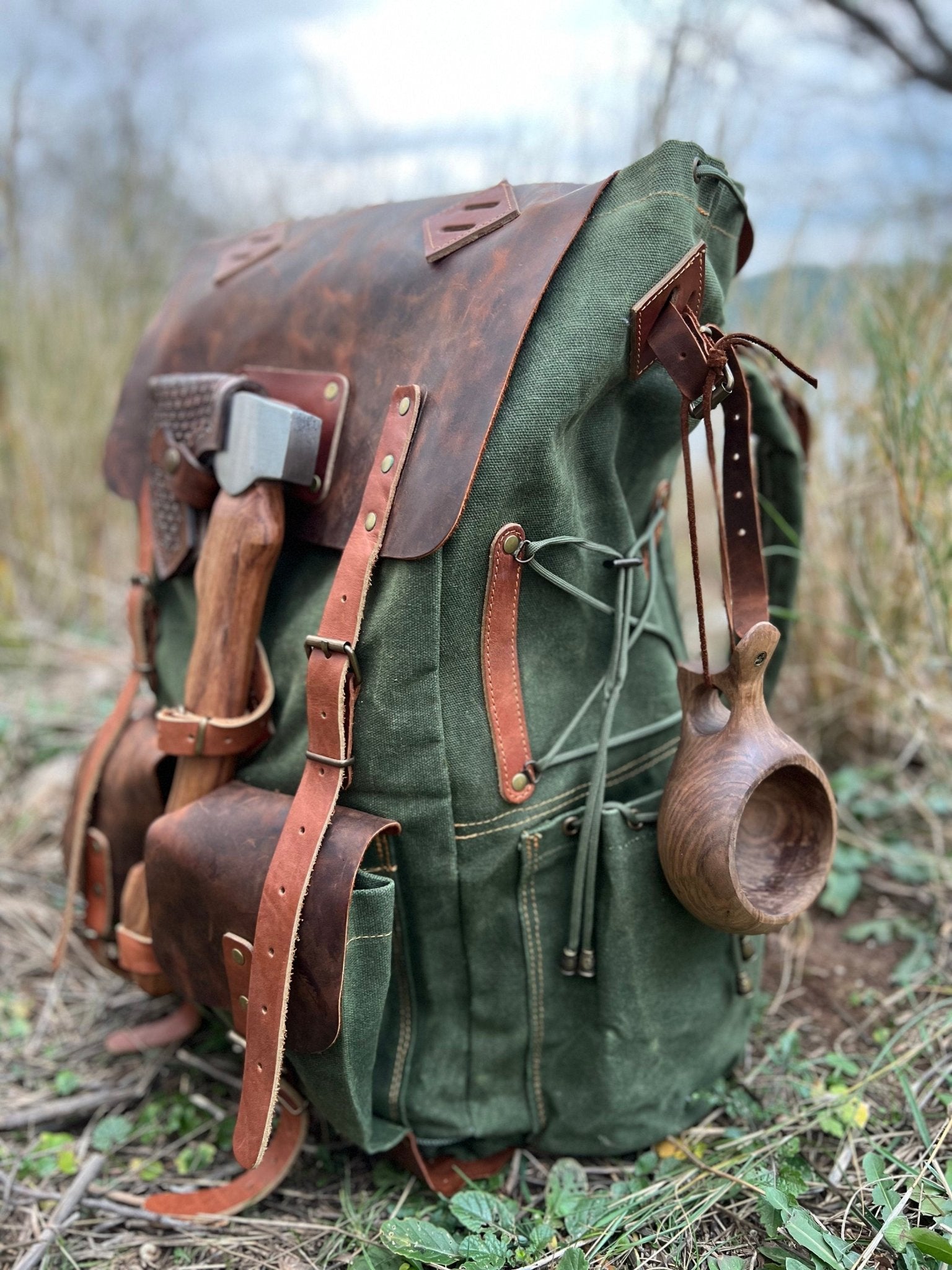 Handmade Waxed Canvas Backpack 50 L Green Brown Options Leather