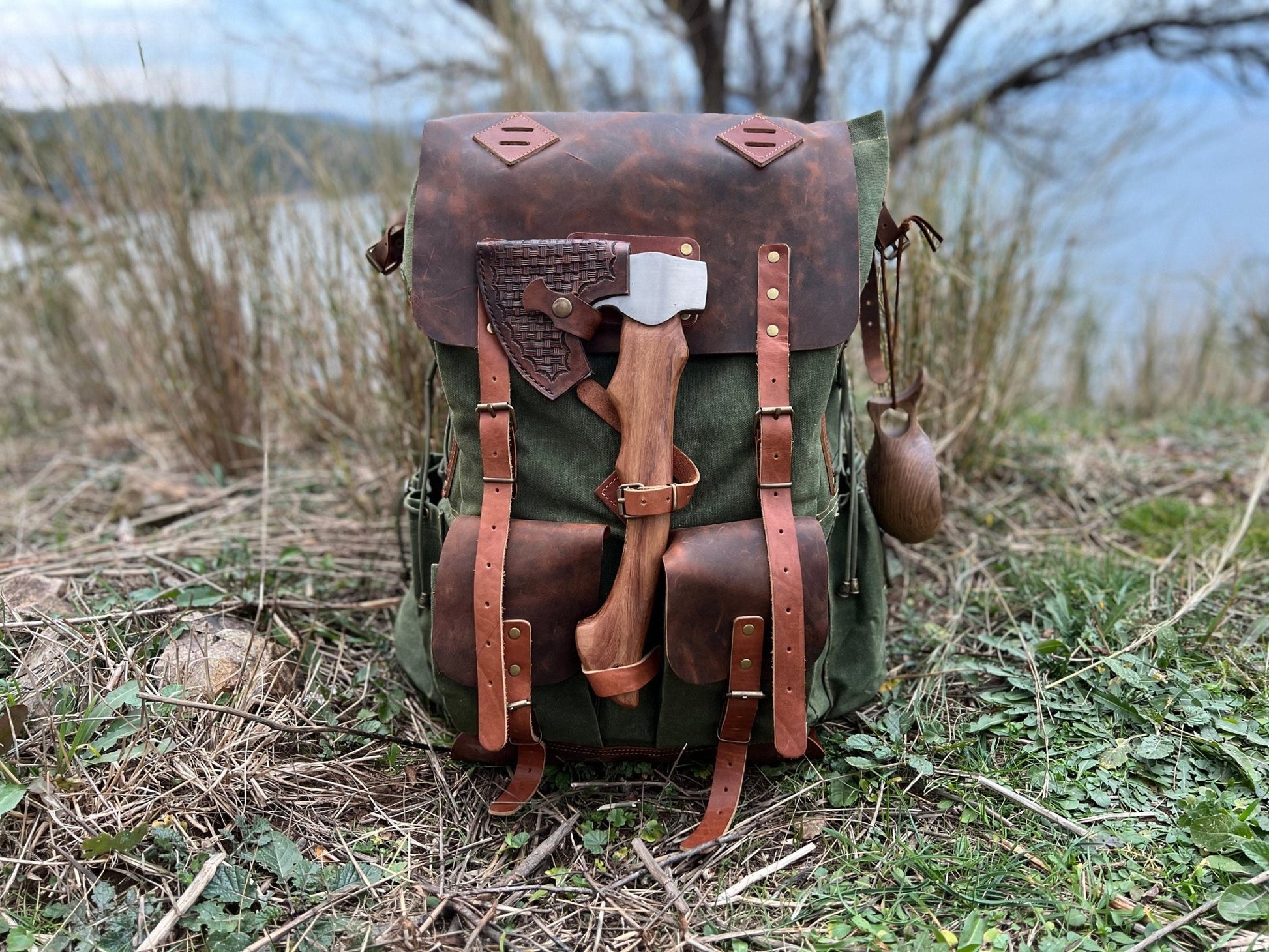 Leather and Waxed Canvas Bushcraft Backpack, Camping Bag