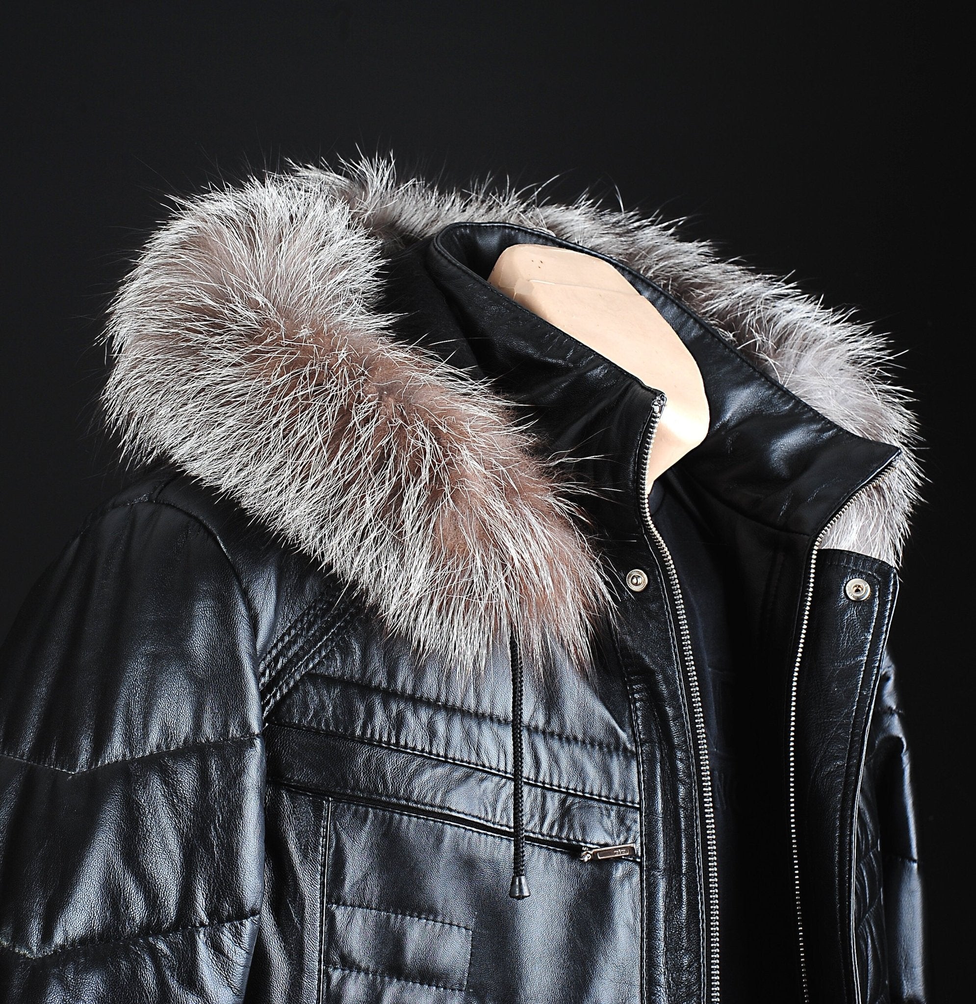 Bespoke Black Leather Coat With Fur Hood S to 8XL