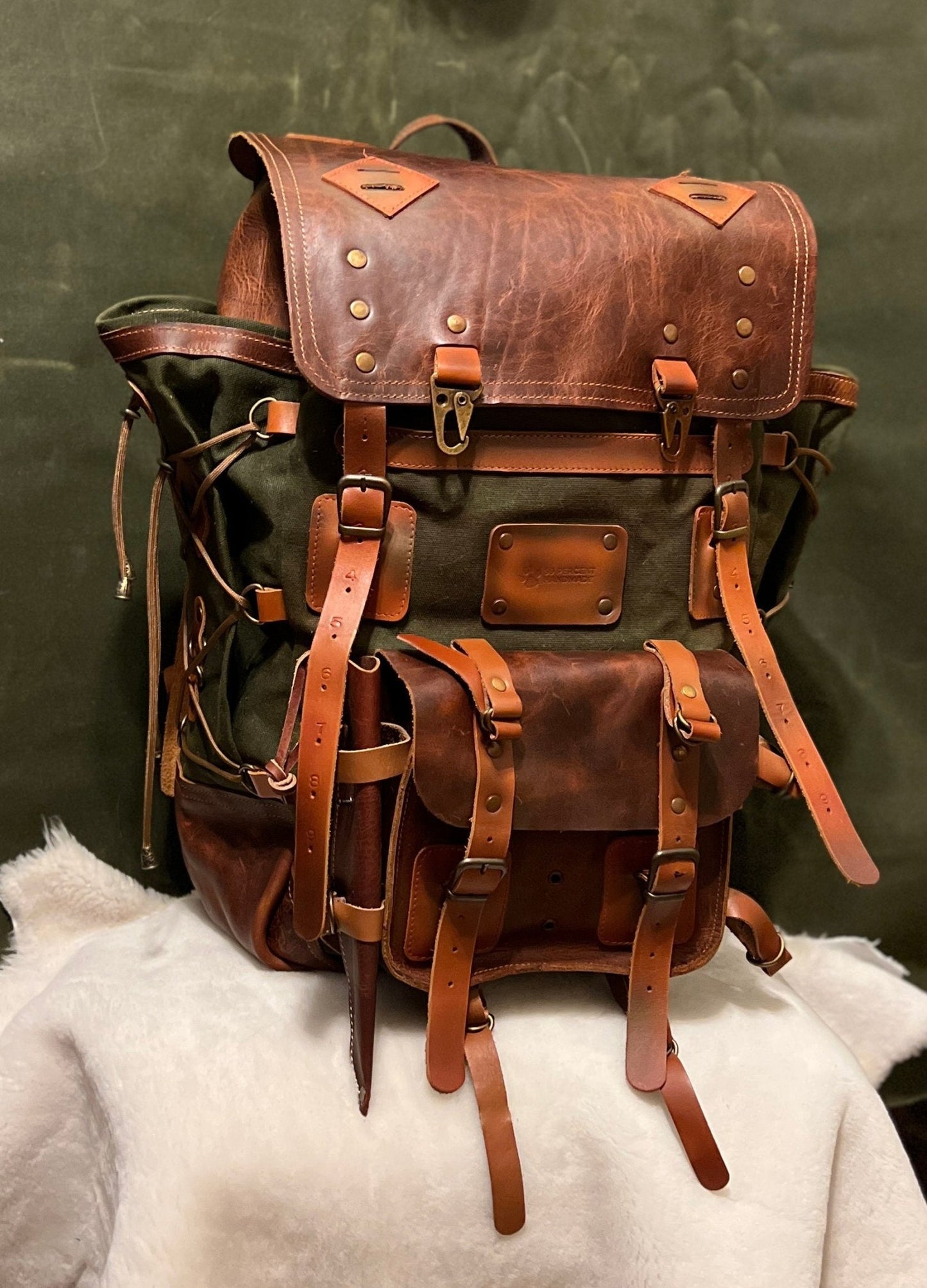Hiking Backpack | Camping Backpack  | 25L-35L-45L | Brown-Green | Canvas and Leather backpack 99percenthandmade   