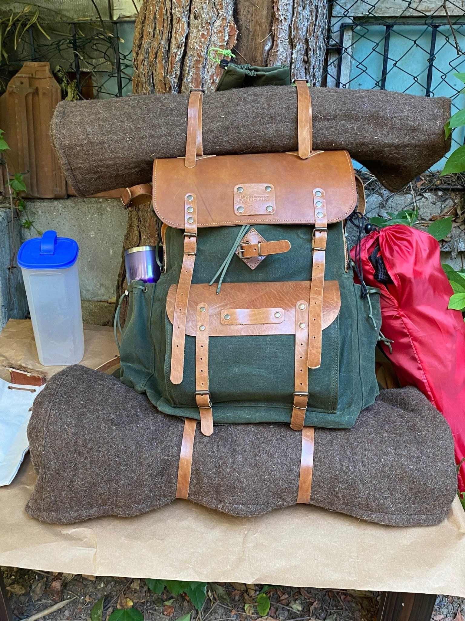 Limited Bestseller Custom Genuine Green Waxed Canvas with Leather Details  Backpack for Travel, Camping | 60 Liters | Personalization