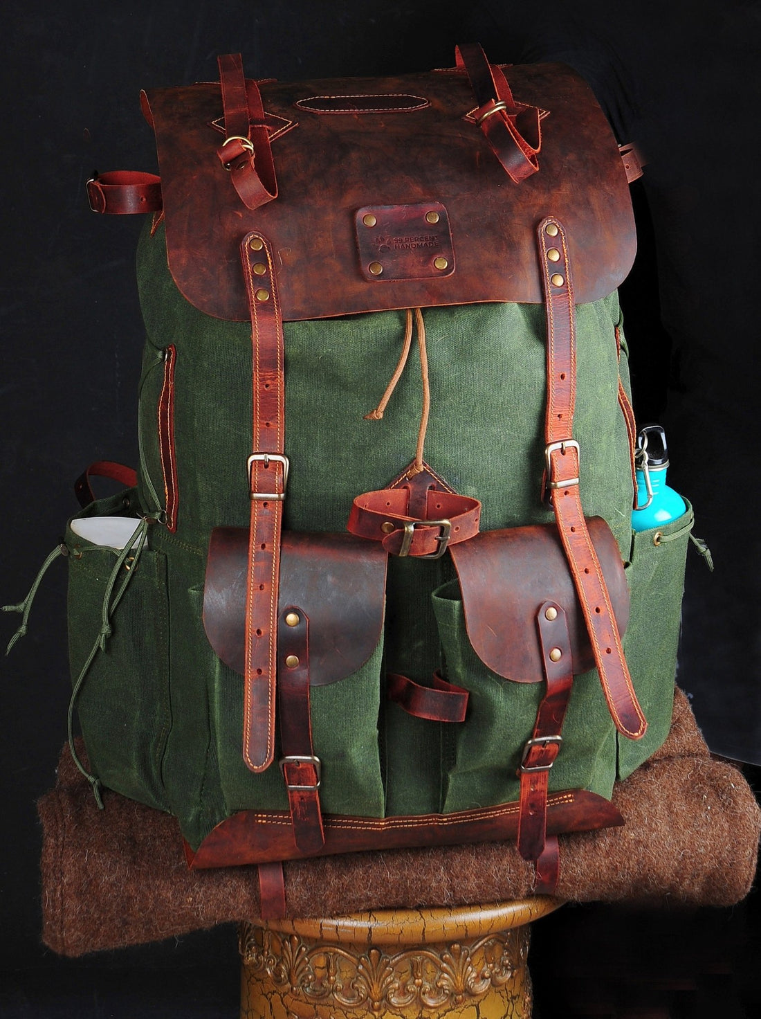 Green Bestseller | Leather Backpack | Waxed Canvas Bag | Travel | Bushcraft | Camping | Green, Brown Options | 50 Liters | Personalization  99percenthandmade   