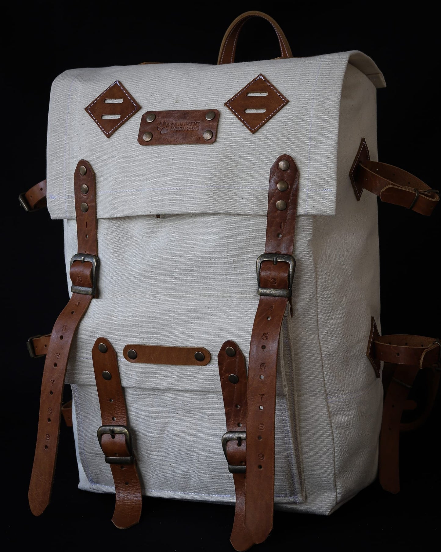 Handmade Genuine White Leather and Waxed Canvas Backpack for Travel, Camping | 20 Litres | Personalization for your request  99percenthandmade   