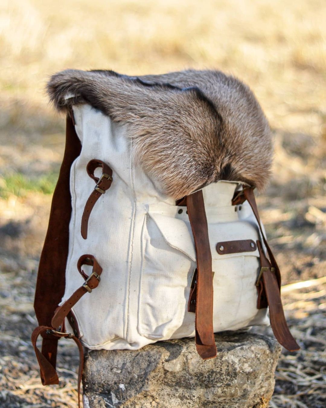 Handmade Genuine White Leather and Waxed Canvas Backpack for Travel, Camping, Daily Use | 20 Litres | Personalization for your request bushcraft - camping - hiking backpack 99percenthandmade   