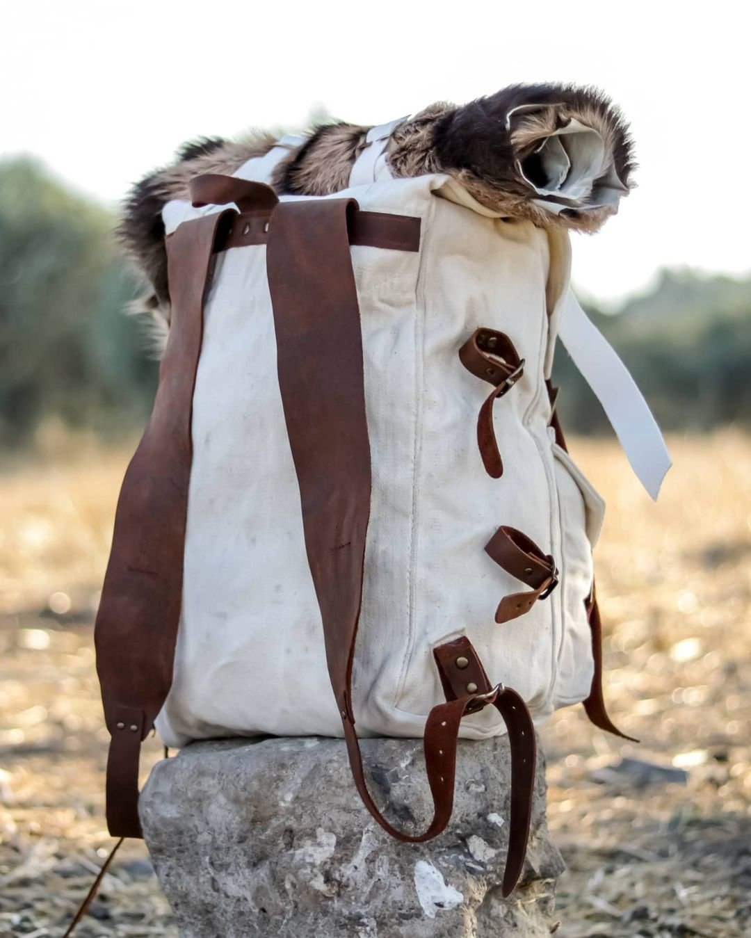 Handmade Genuine White Leather and Waxed Canvas Backpack for Travel, Camping, Daily Use | 20 Litres | Personalization for your request bushcraft - camping - hiking backpack 99percenthandmade   