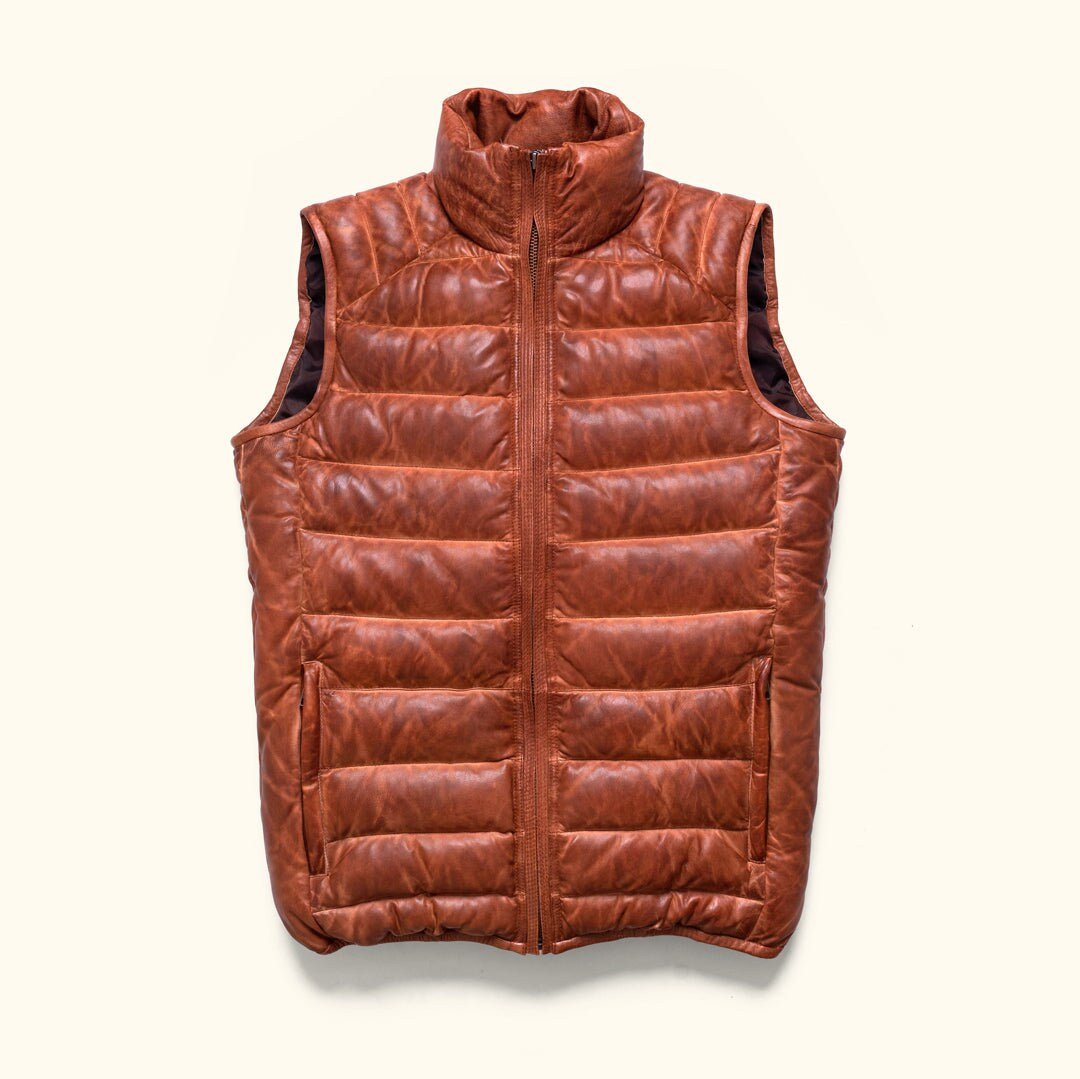 Mens leather goose down vest best sale