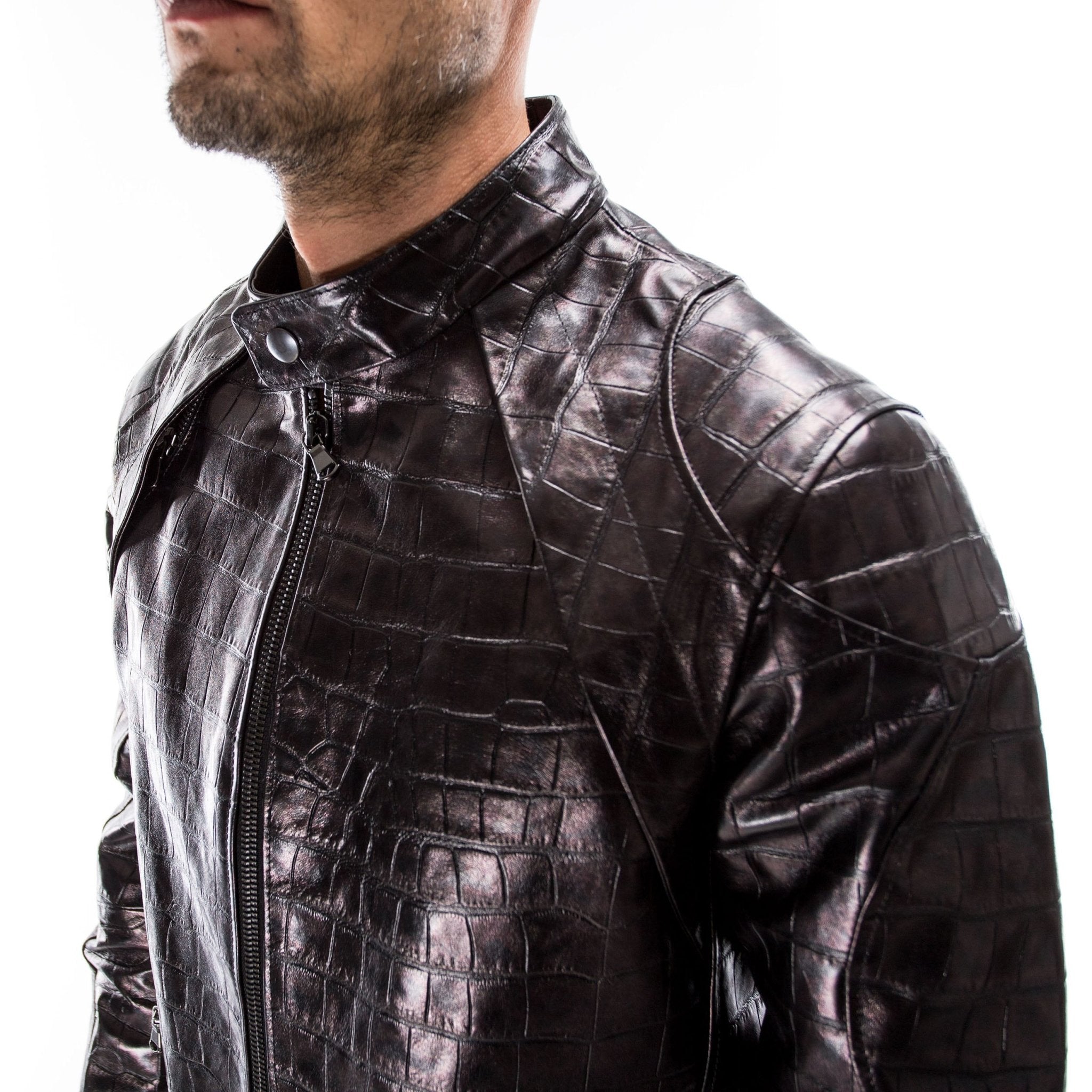 men black alligator crocodile embossed on lamskin leather biker jacket slim fit leather jacket tailored to your size 446391
