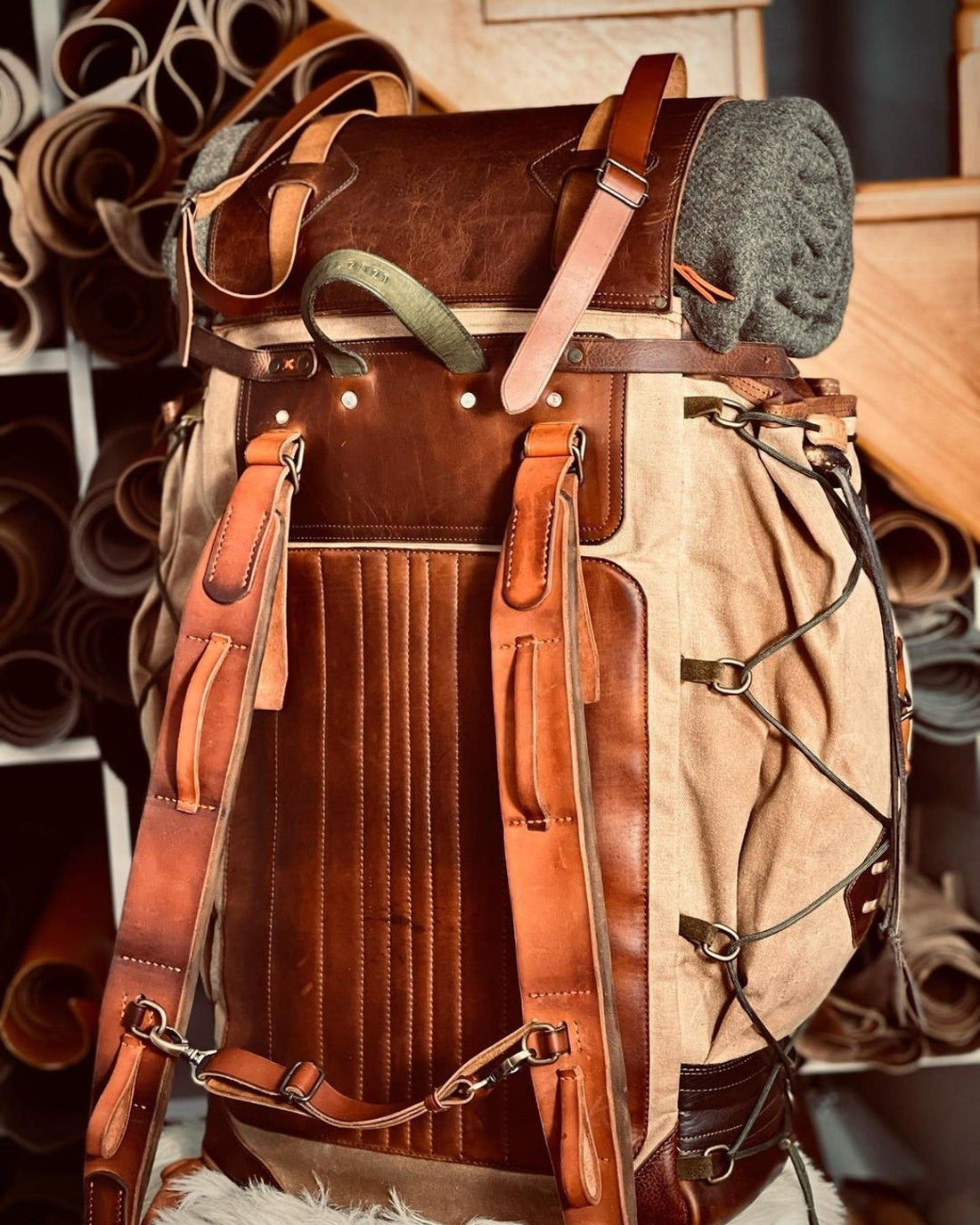 Model Name : Babylon Green | Custom Leather-Canvas Backpack with Leather Flap, You can Redesign-Customize the item | 30 Liter to 80 Liter Options (Many variants Photos) bushcraft - camping - hiking backpack 99percenthandmade   