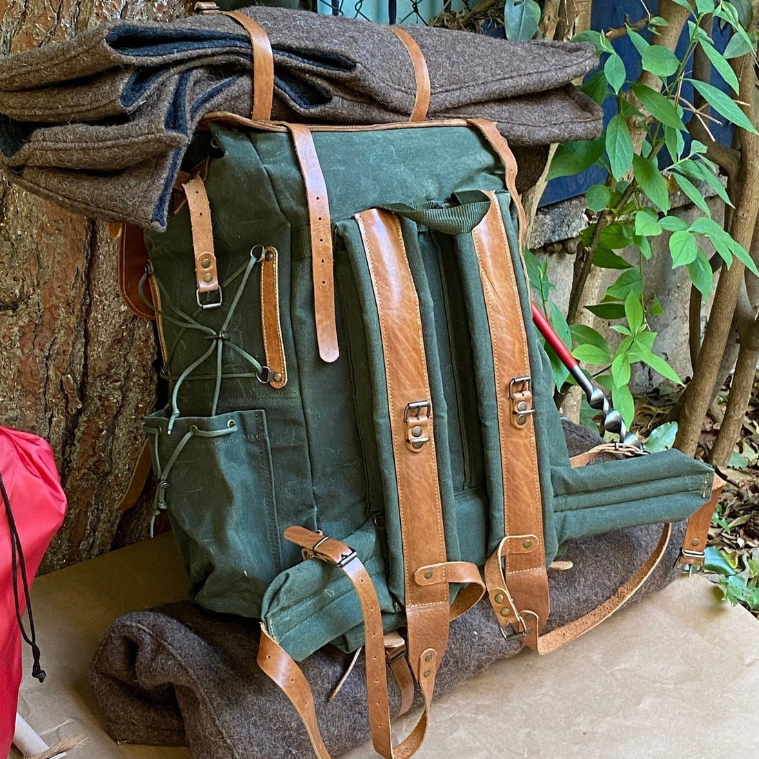 Tan or Brown Colour Options Handmade Leather Green and Waxed Canvas Backpack for | Travel | Bushcraft | Camping | 50 Liter | Personalization bushcraft - camping - hiking backpack 99percenthandmade 30 Brown 